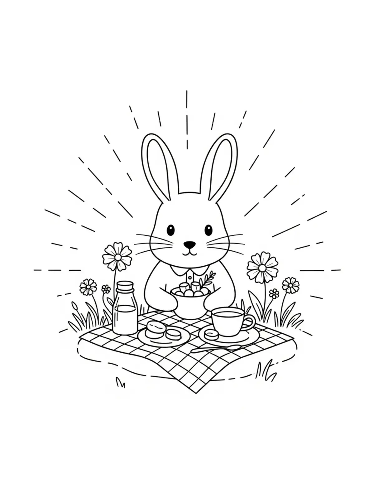 Free printable coloring page: tiny-bunny-hosting-a-garden-pi coloring page. Cute and cozy design for kids and adults to download and print.