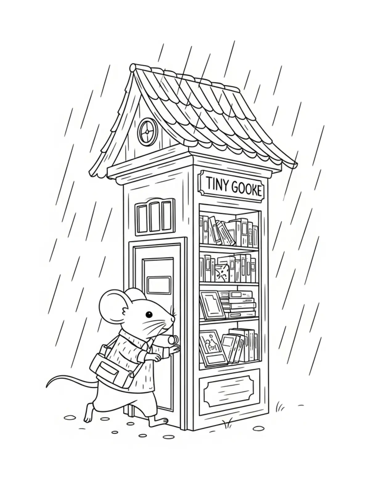Free printable coloring page: tiny-mouse-running-a-tiny-book coloring page. Cute and cozy design for kids and adults to download and print.