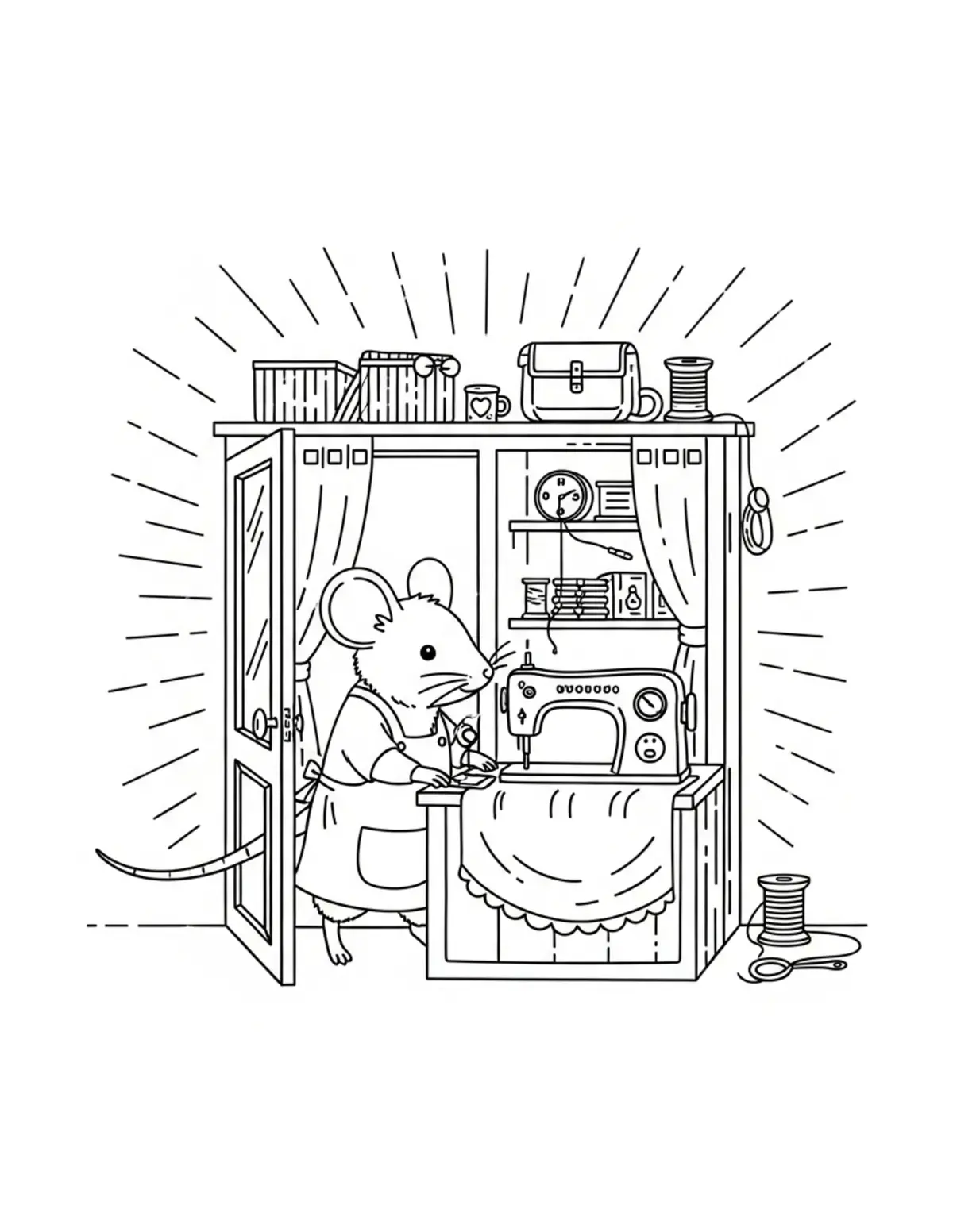 Free printable coloring page: tiny-mouse-running-a-tiny-sewi coloring page. Cute and cozy design for kids and adults to download and print.