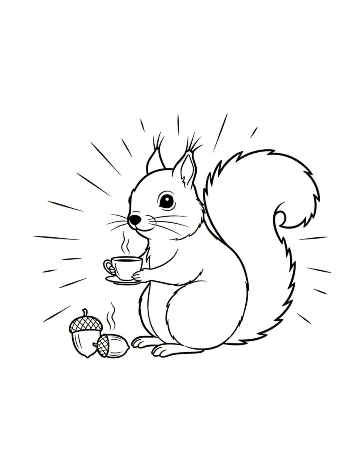 Free printable coloring page: tiny-squirrel-hosting-an-acorn coloring page. Cute and cozy design for kids and adults to download and print.