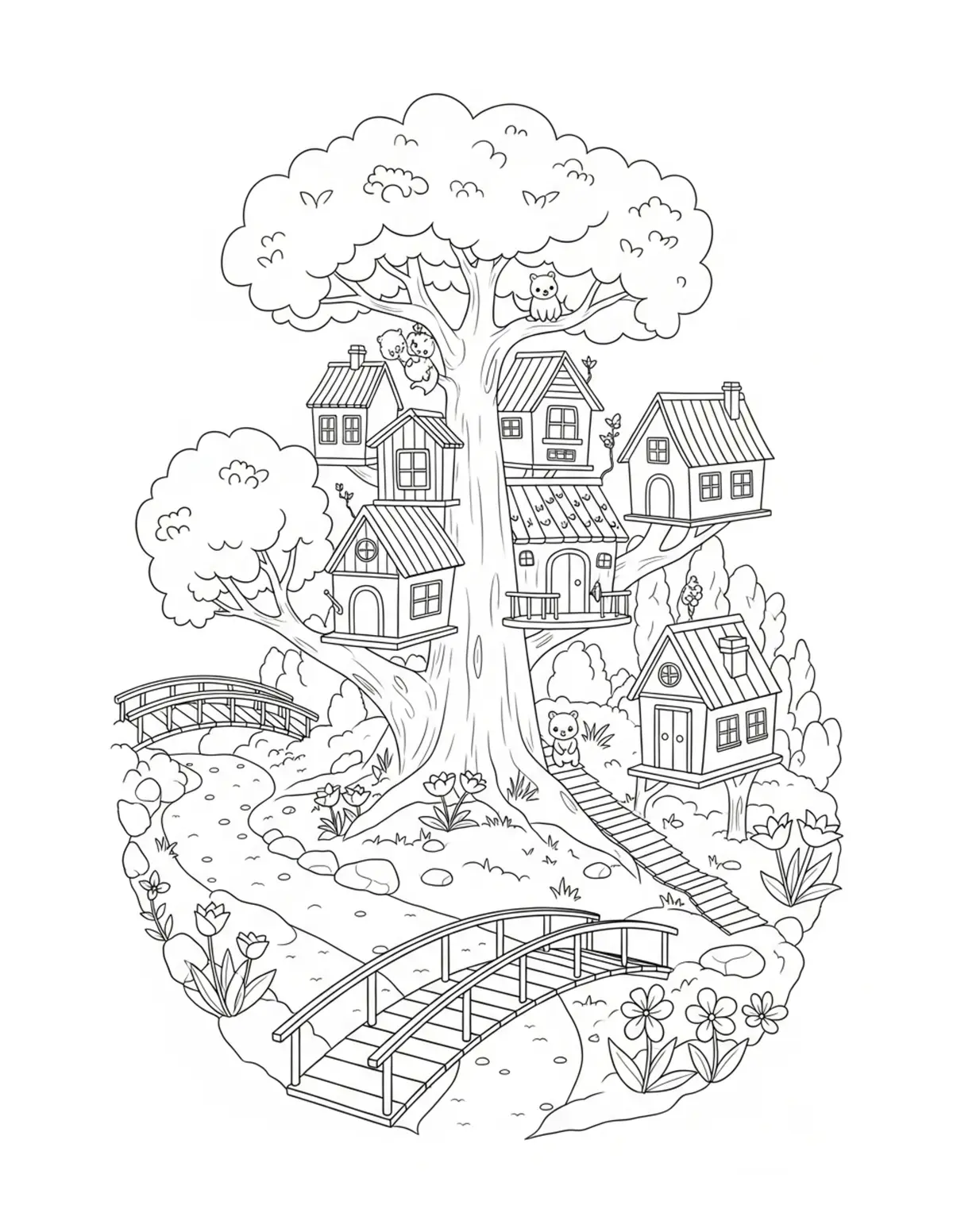 Free printable coloring page: tiny animal treehouse village coloring page. Cute design for kids and adults.