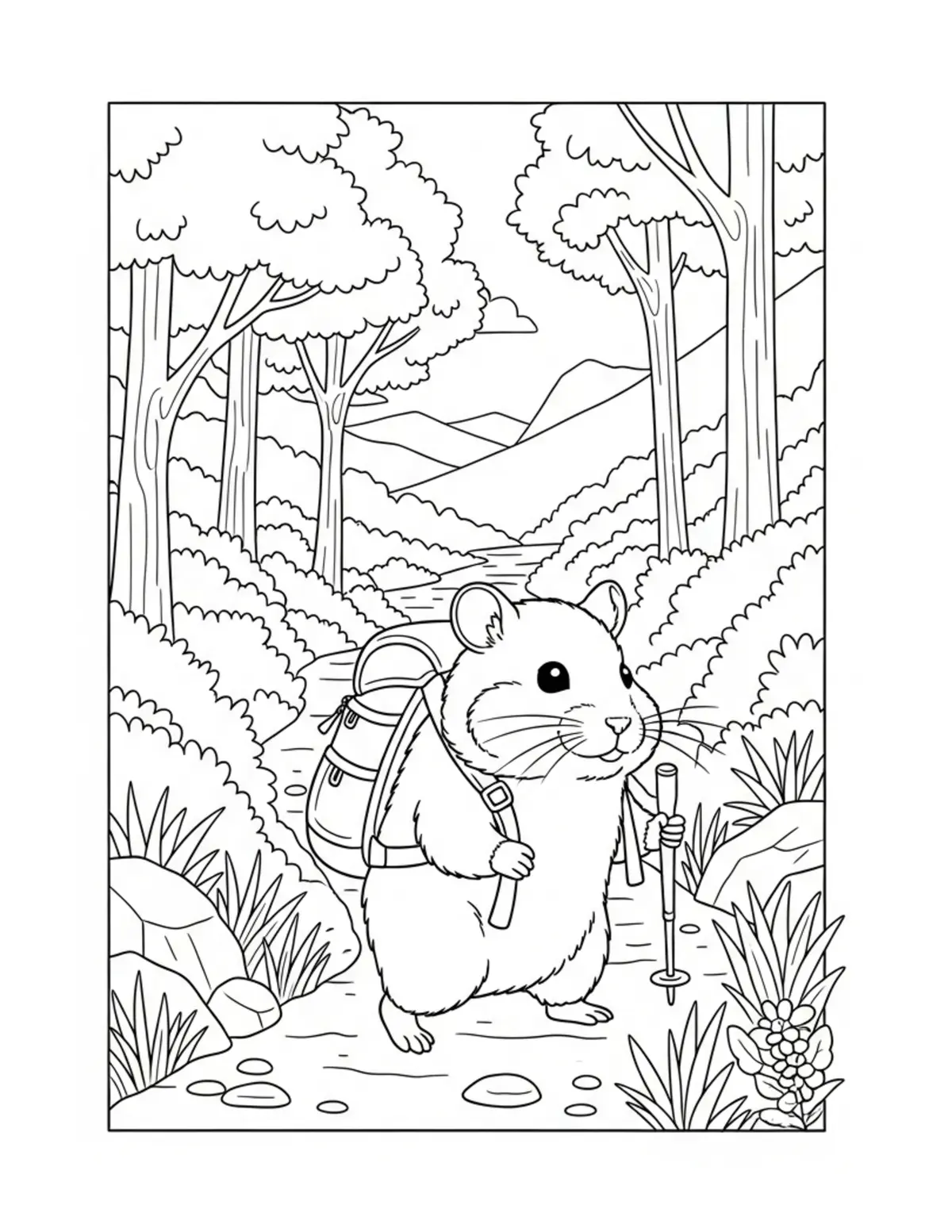 Tiny Hamster Hiking Through A  Coloring Page - free printable JPG featuring adorable tiny animal village scene