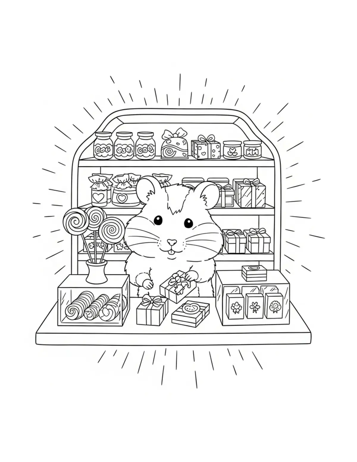 Tiny Hamster Preparing Candy B Coloring Page - free printable JPG featuring adorable tiny animal village scene
