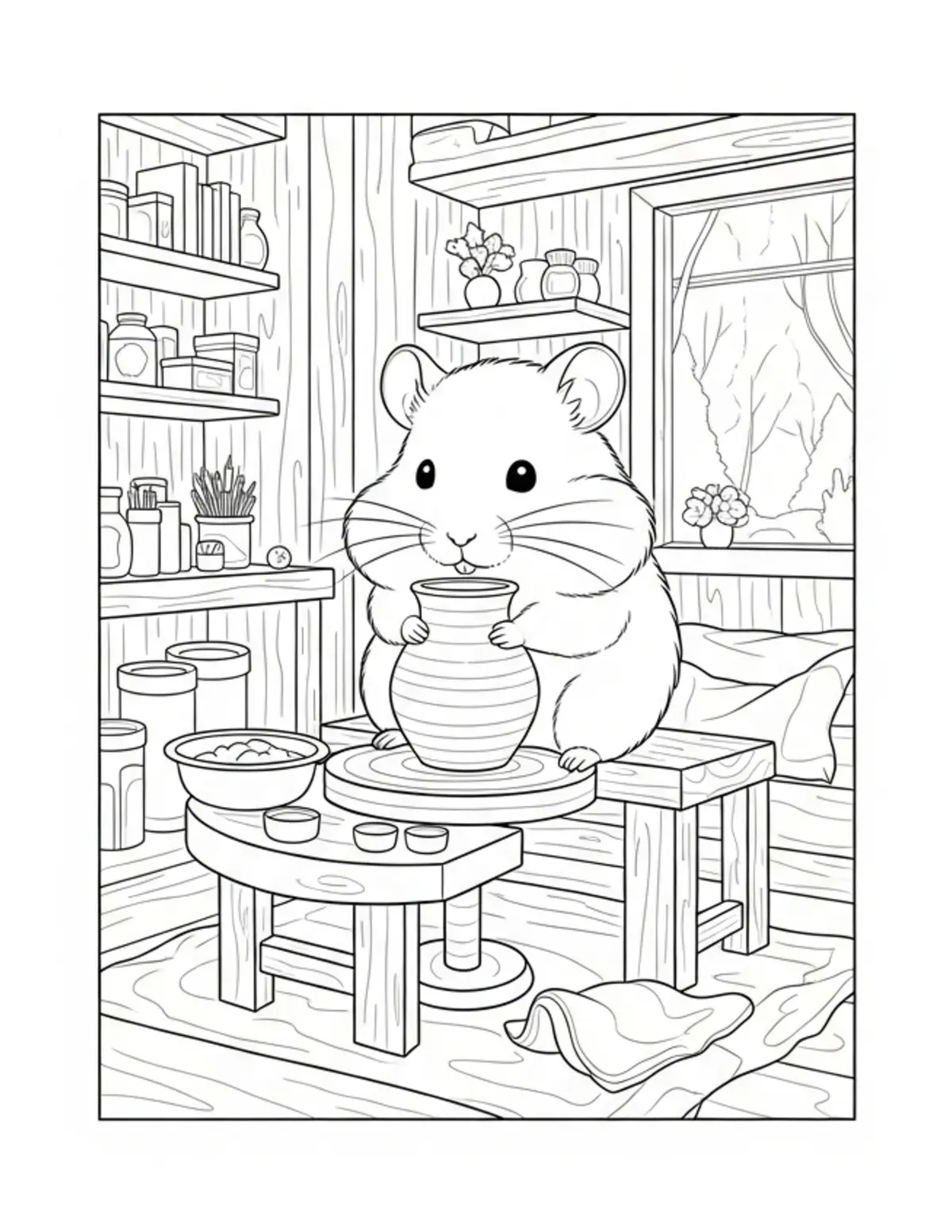 Tiny Hamster Working At A Pott Coloring Page - free printable JPG featuring adorable tiny animal village scene