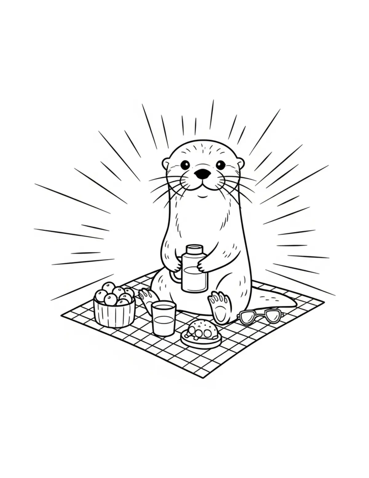 Free printable coloring page: tiny otter organizing a summer coloring page. Cute and cozy tiny animal design for kids and adults to download and print.