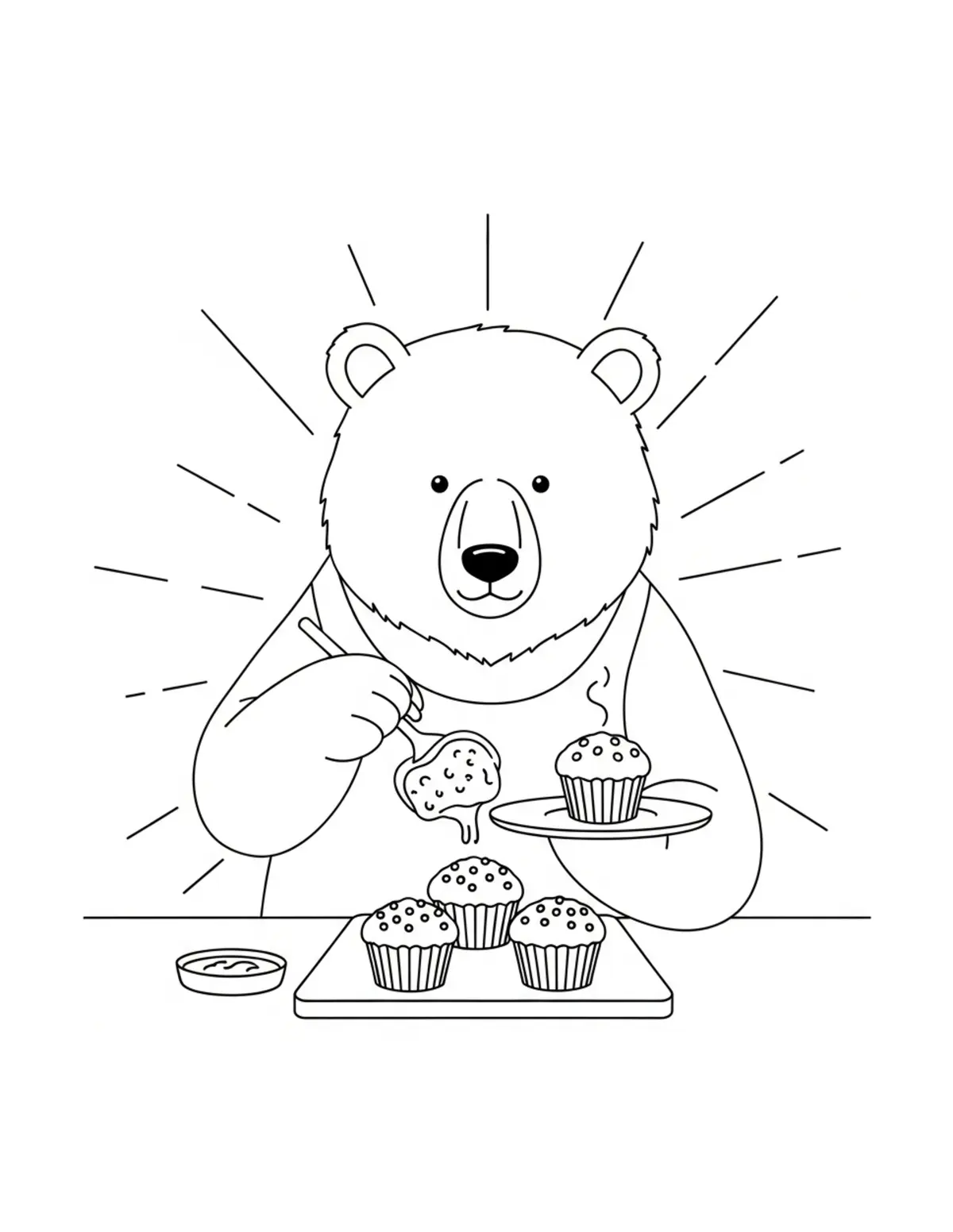 Free printable coloring page: bear-making-muffins coloring page. Cute and cozy design for kids and adults to download and print.
