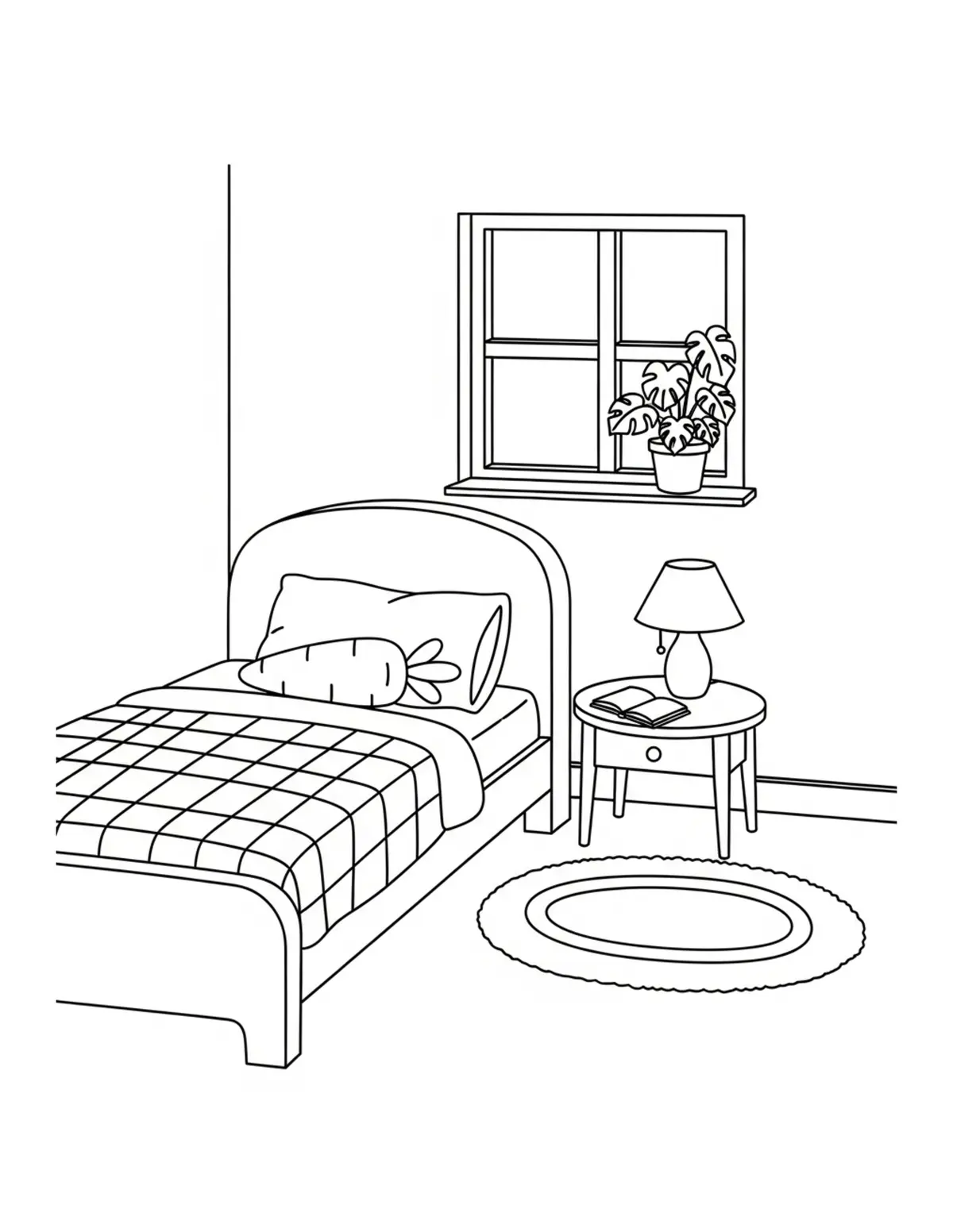 Free printable coloring page: bunny cottage bedroom coloring page. Cute and cozy design for kids and adults to download and print.