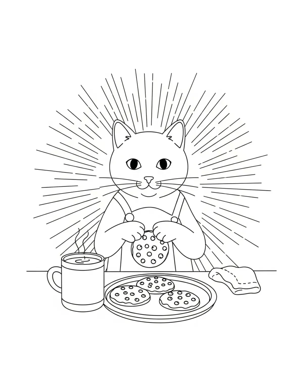Cat Kitchen Baking Cookies — free printable cozy coloring coloring page for kids and adults