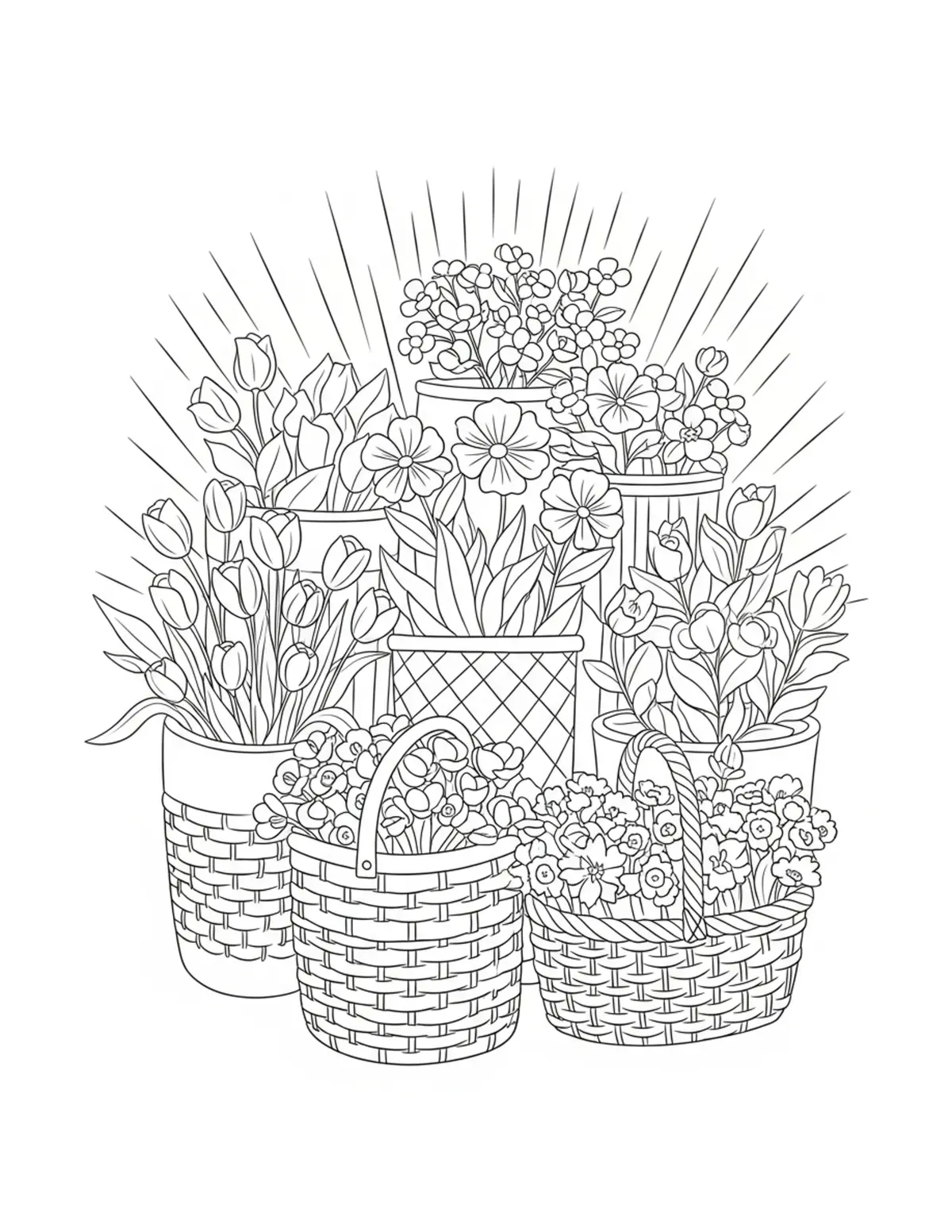 Free printable coloring page: flower market vin coloring page. Cute and cozy design for kids and adults to download and print.