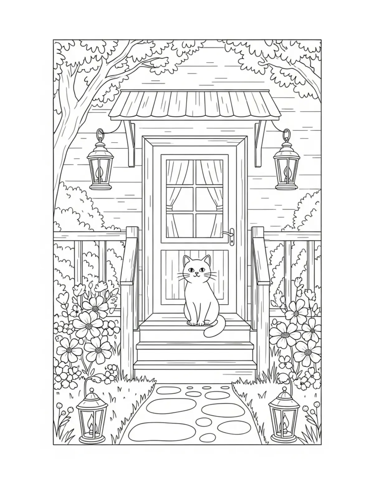 Free printable coloring page: cute cat sitting on cottage po coloring page. Cute and cozy animal design for kids and adults to download and print.