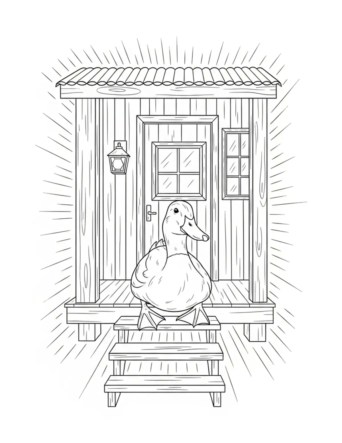 Duck Sitting On Cottage Porch Coloring Page - free printable JPG featuring adorable duck scenes