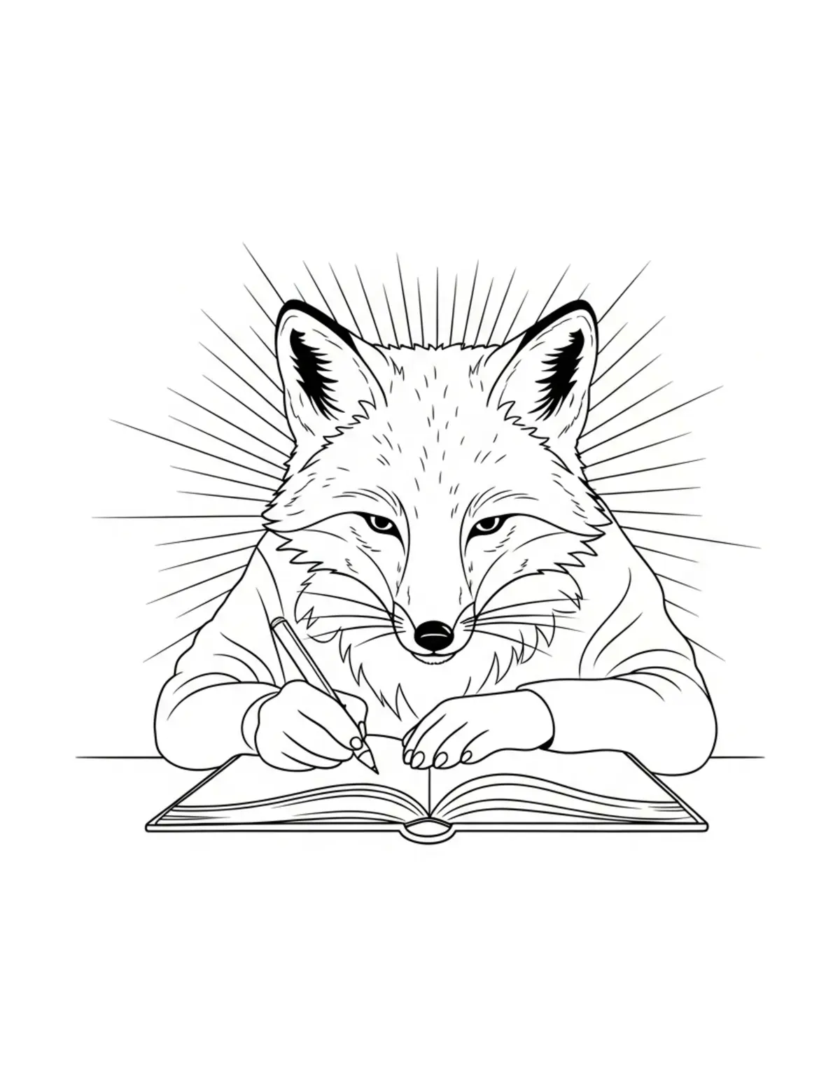 Free printable coloring page: fox writing in journal coloring page. Cute and cozy bookstore and reading design for kids and adults to download and print.