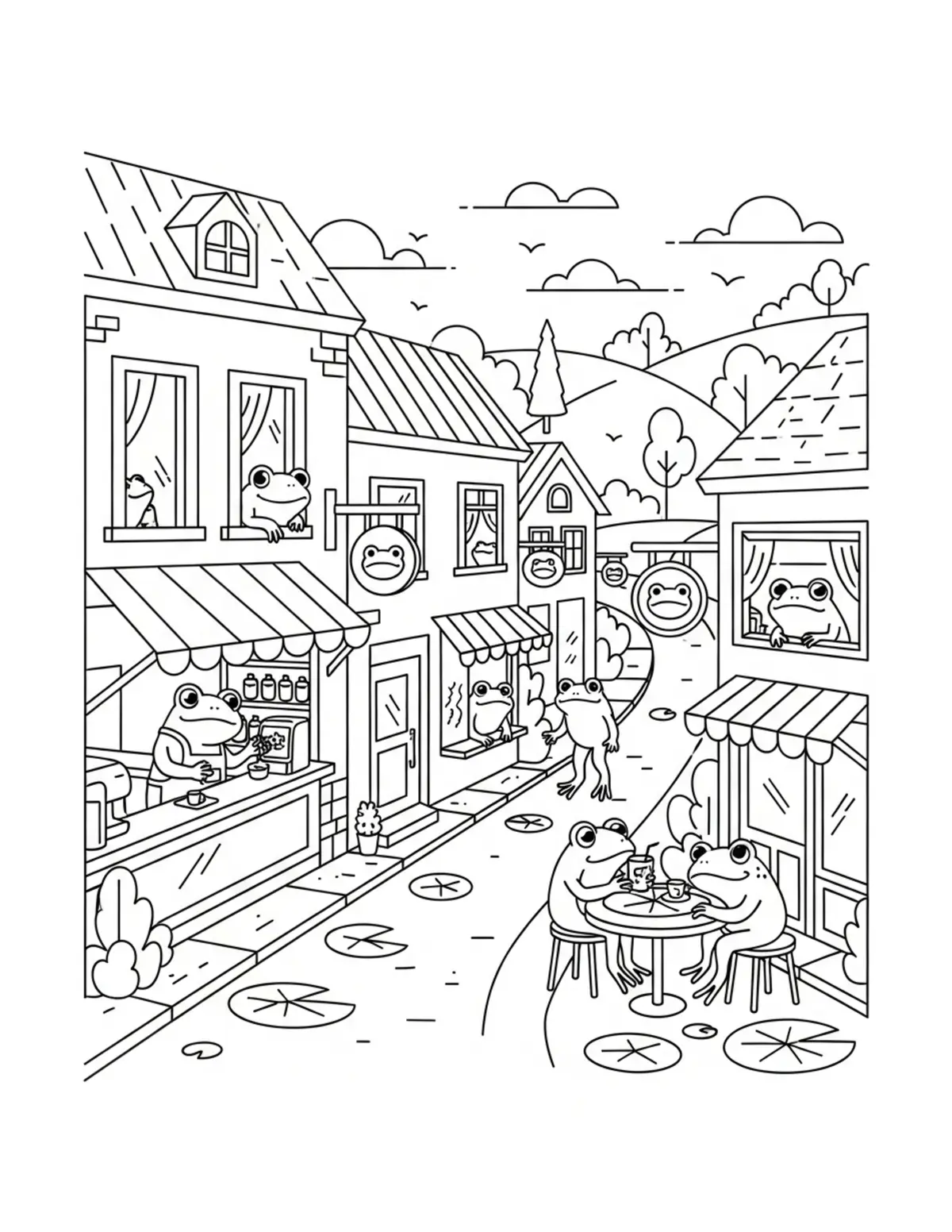 Free printable coloring page: frog cafe street in tiny villa coloring page. Cute and cozy design for kids and adults to download and print.
