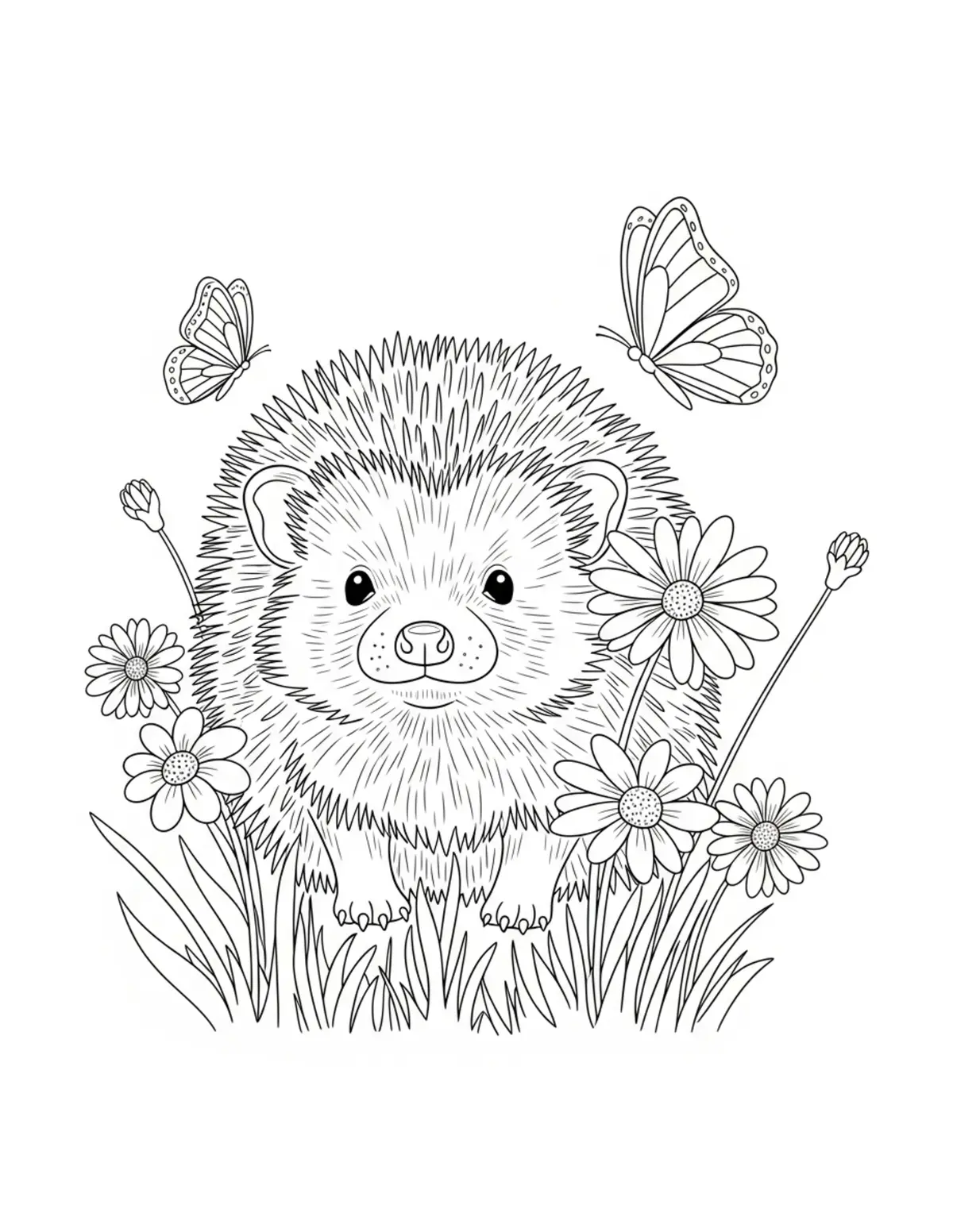 Free printable coloring page: hedgehog butterfly garden coloring page. Cute and cozy hedgehog garden design for kids and adults to download and print.