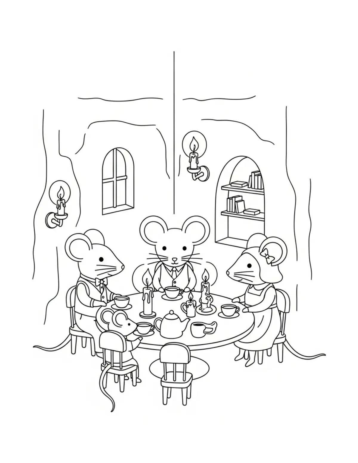 Free printable coloring page: mouse candlelit tea room coloring page. Cute and cozy mouse tea party design for kids and adults to download and print.