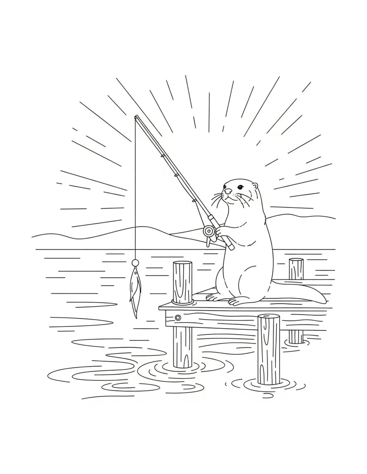 Otter Fishing Dock Scene coloring page - free printable JPG featuring adorable otters