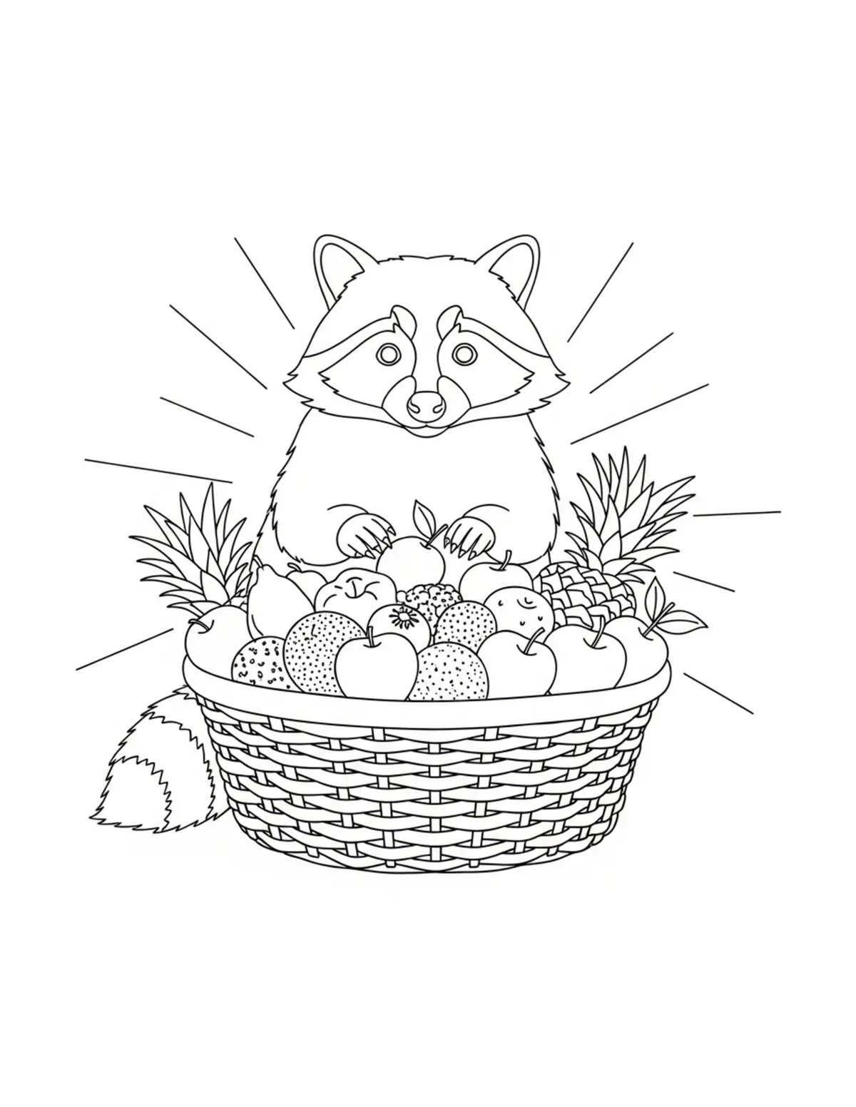 Raccoon Fruit Basket Display coloring page - free printable JPG featuring adorable raccoons at a market