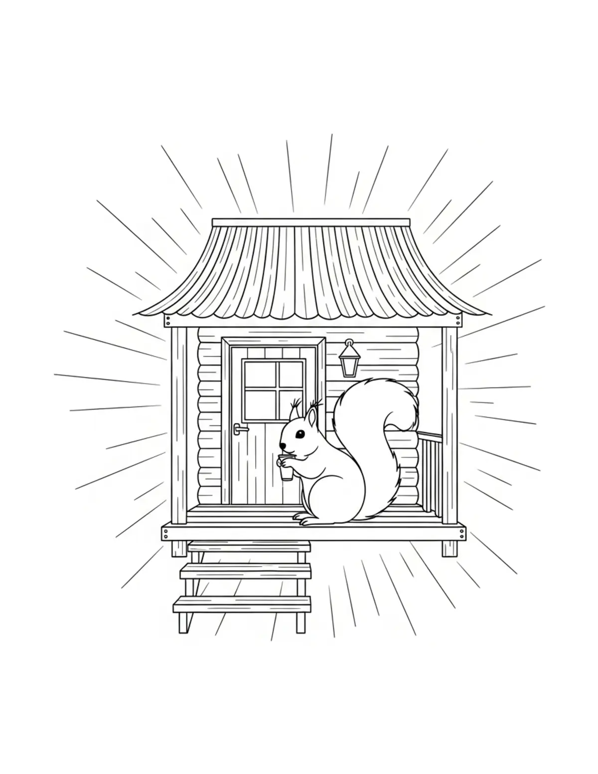 Squirrel Treehouse Porch coloring page - free printable JPG featuring adorable squirrels in a woodland scene