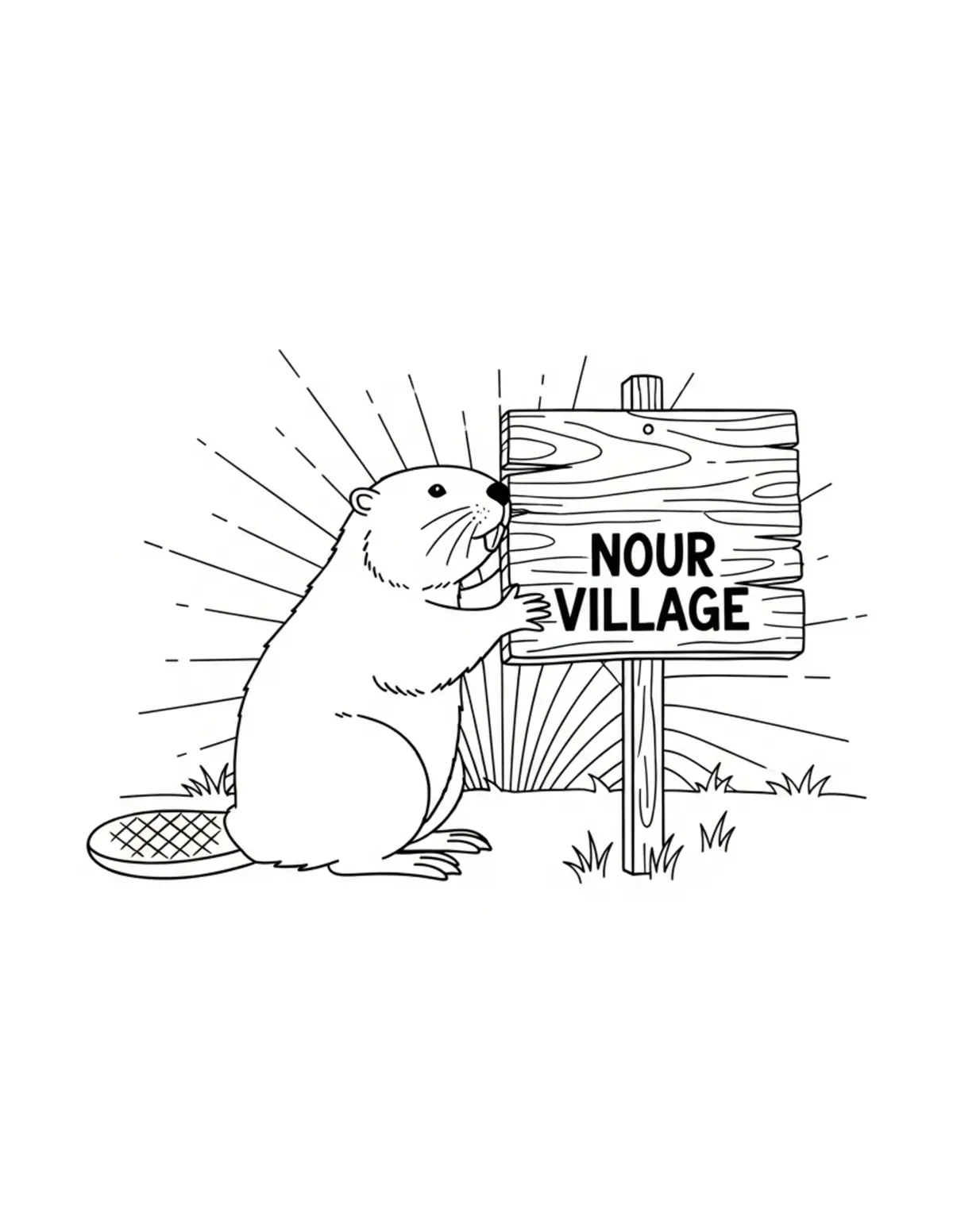 Beaver Making a Wooden Sign for the Village Coloring Page - free printable JPG featuring adorable woodland beaver