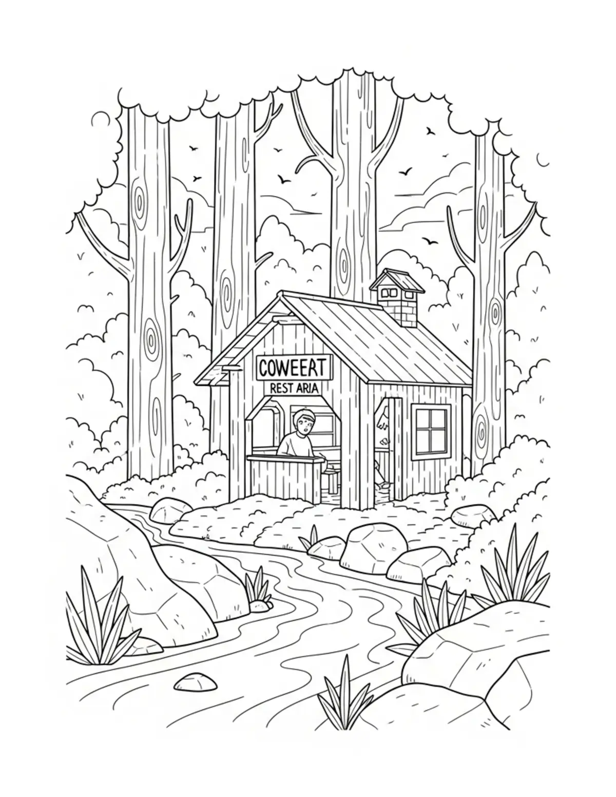 Free printable coloring page: cozy forest stream rest area coloring page. Cute and cozy summer design for kids and adults to download and print.