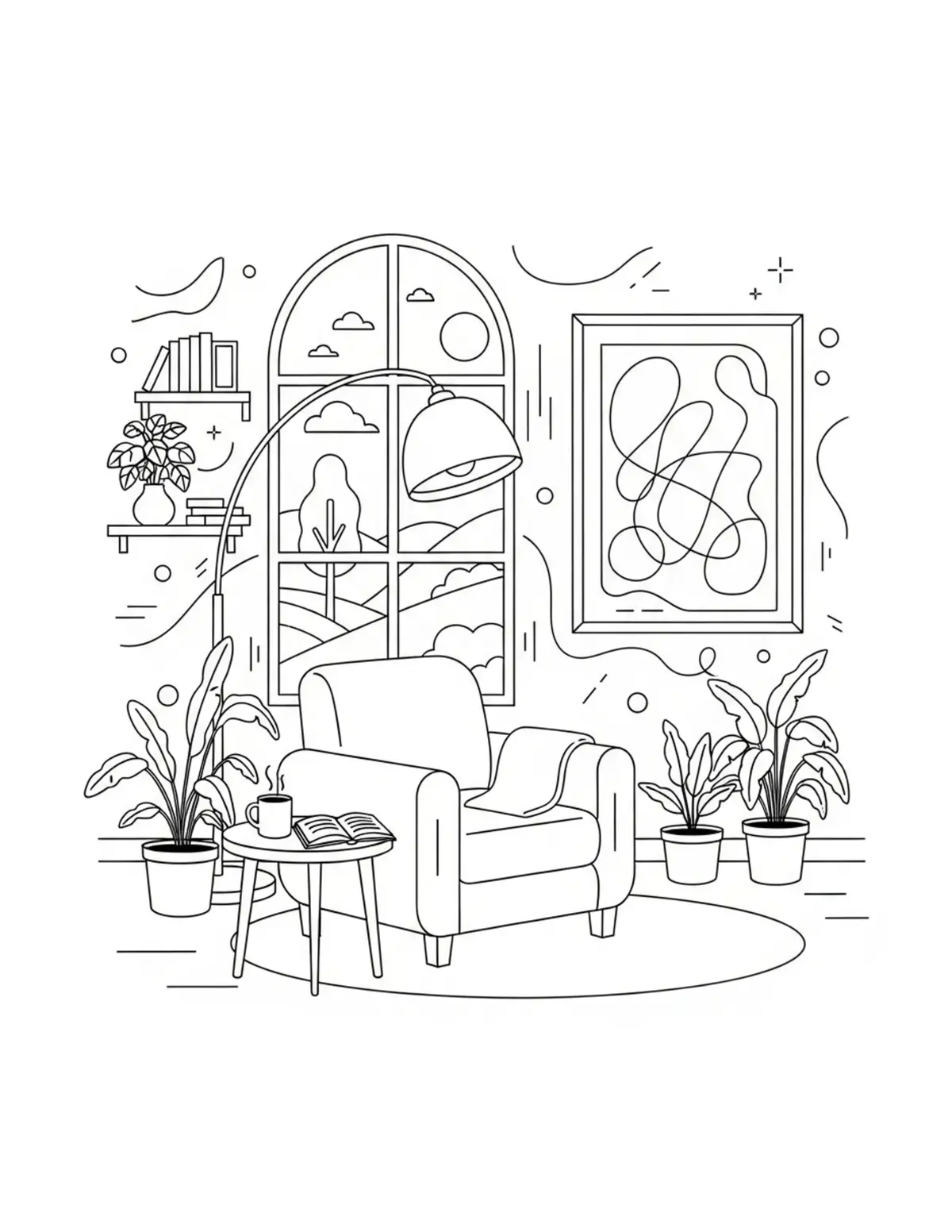Free printable coloring page: cozy quiet reflection room coloring page. Cute and cozy design for kids and adults to download and print.