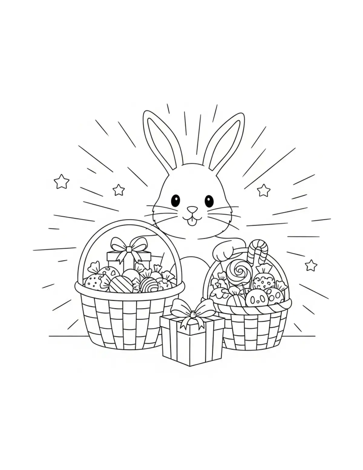 Cute Bunny Arranging Gift Bask Coloring Page - free printable JPG featuring adorable tiny animal village scene
