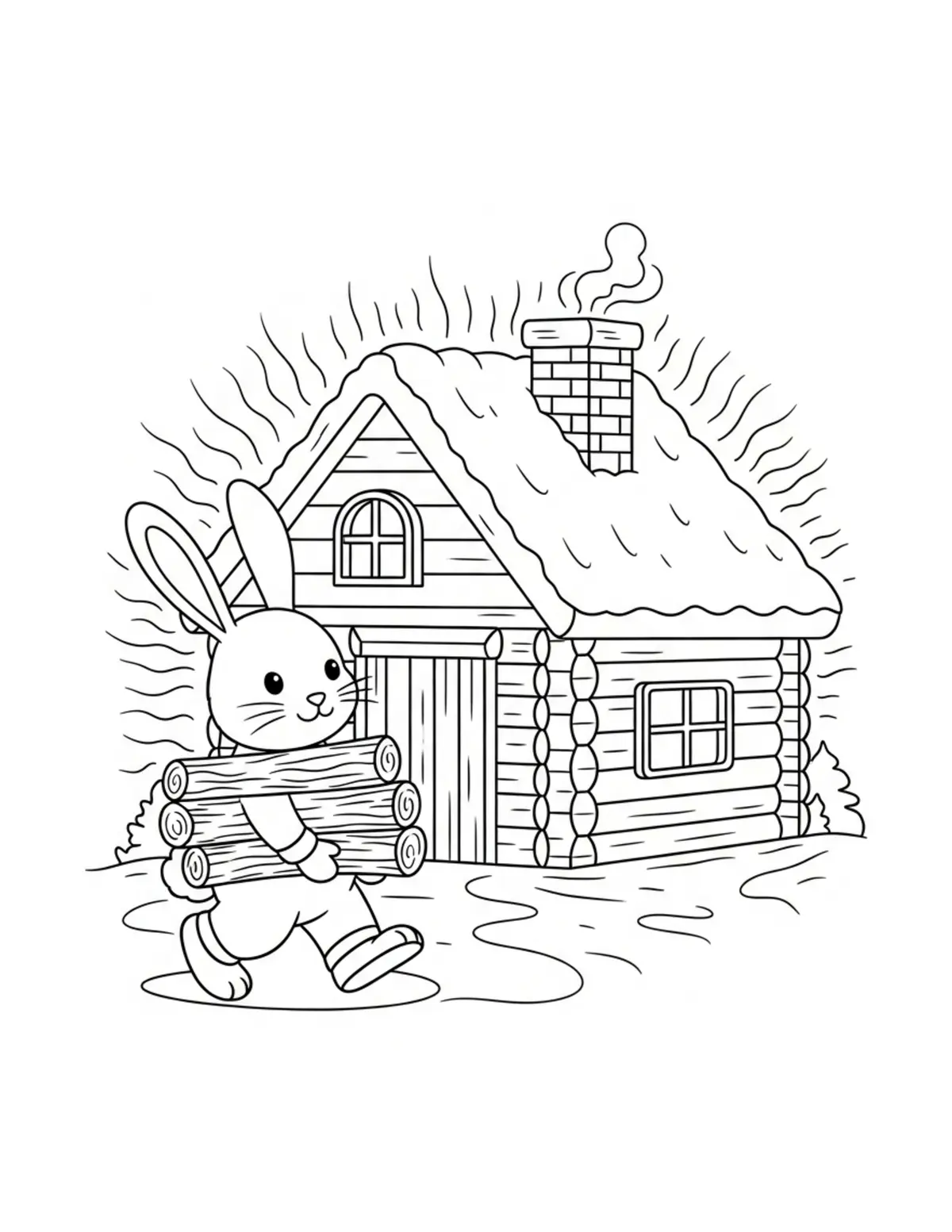 Cute Bunny Carrying Firewood T Coloring Page - free printable JPG featuring adorable tiny animal village scene