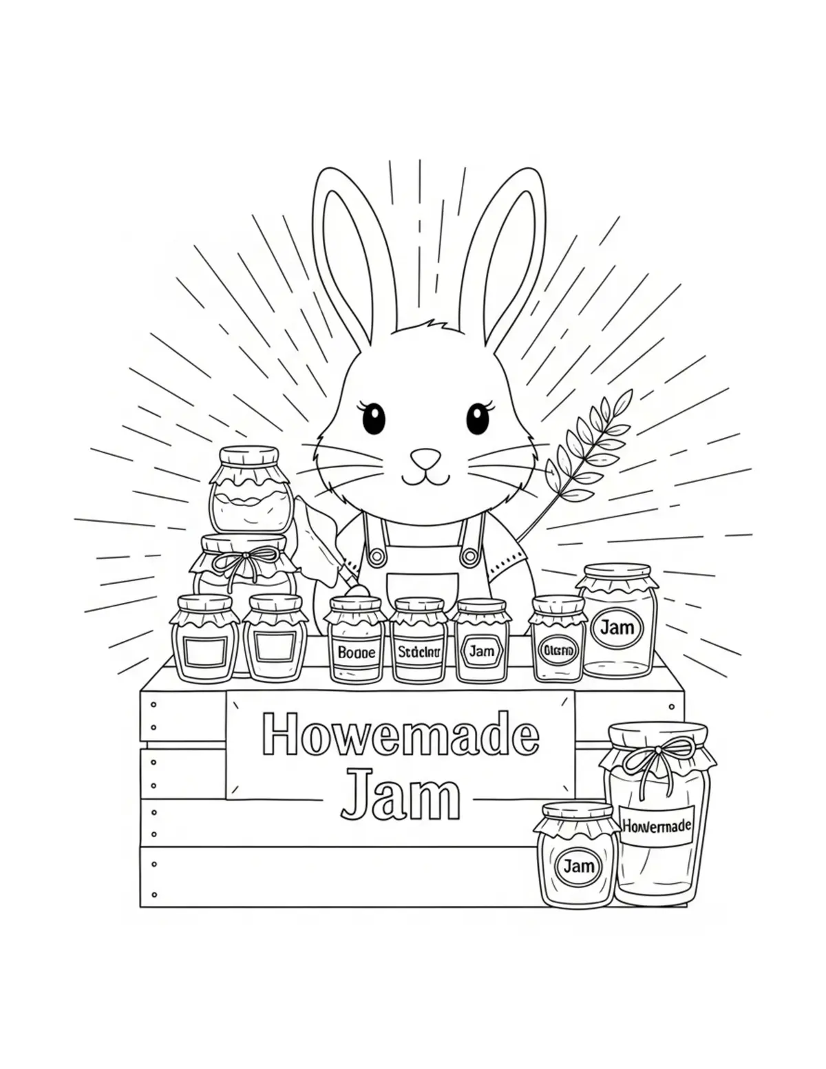 Cute Bunny Selling Homemade Ja Coloring Page - free printable JPG featuring adorable tiny animal village scene