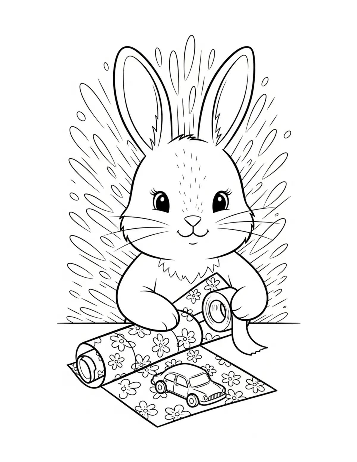 Cute Bunny Wrapping A Vintage  Coloring Page - free printable JPG featuring adorable tiny animal village scene