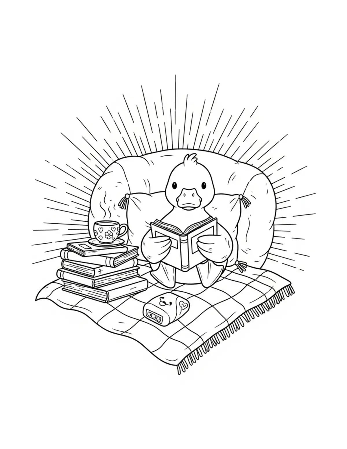 Free printable coloring page: cute duck reading nook books coloring page. Cute design for kids and adults.