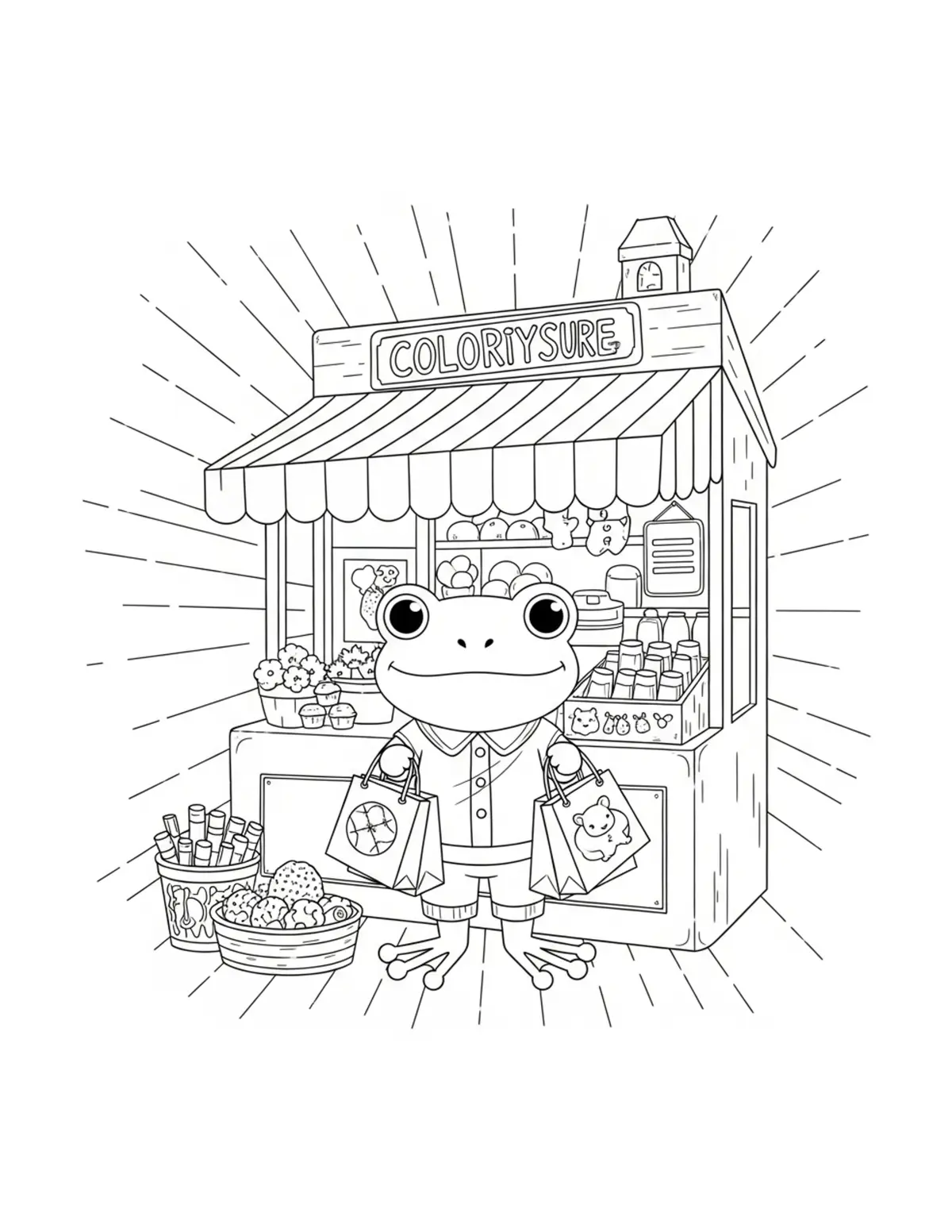 Cute Frog Countryside Market C — free printable cozy coloring coloring page for kids and adults