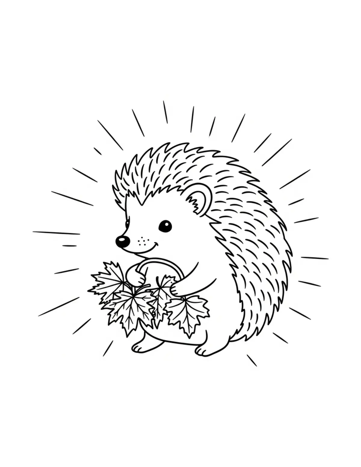 Free printable coloring page: cute hedgehog collecting color coloring page. Cute and cozy tiny animal design for kids and adults to download and print.