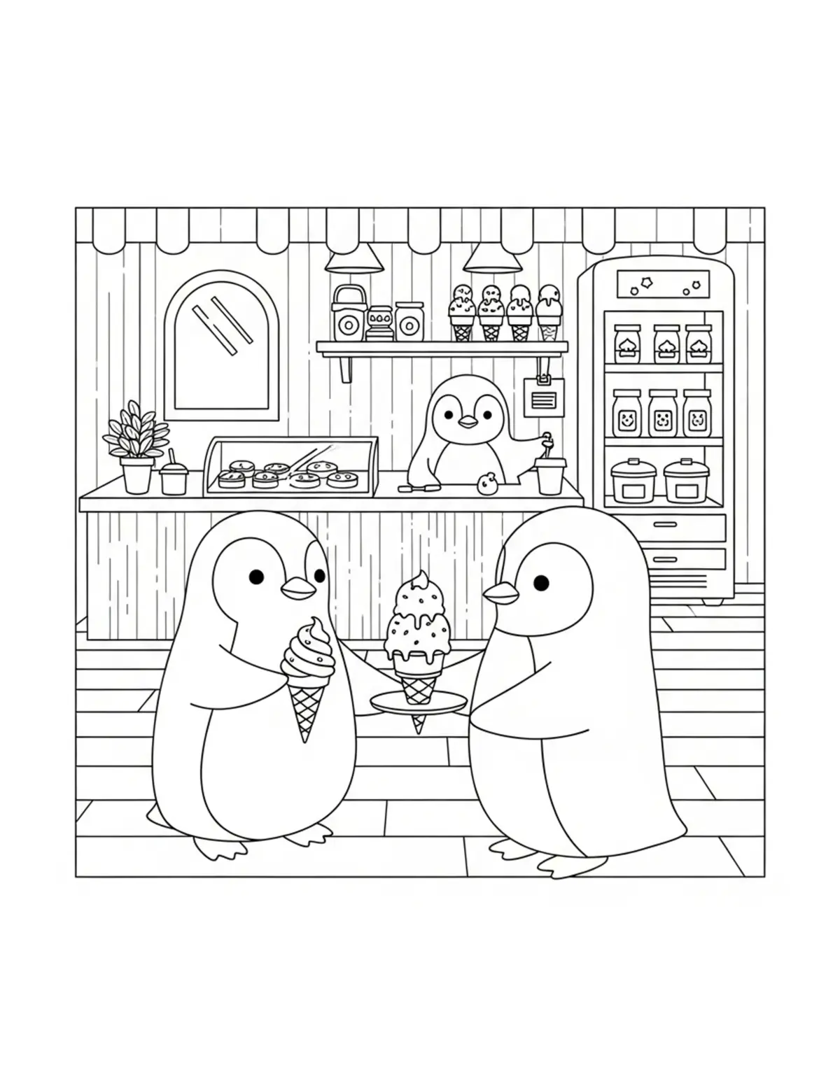 Cute Penguin Ice Cream Shop Co — free printable cozy coloring coloring page for kids and adults