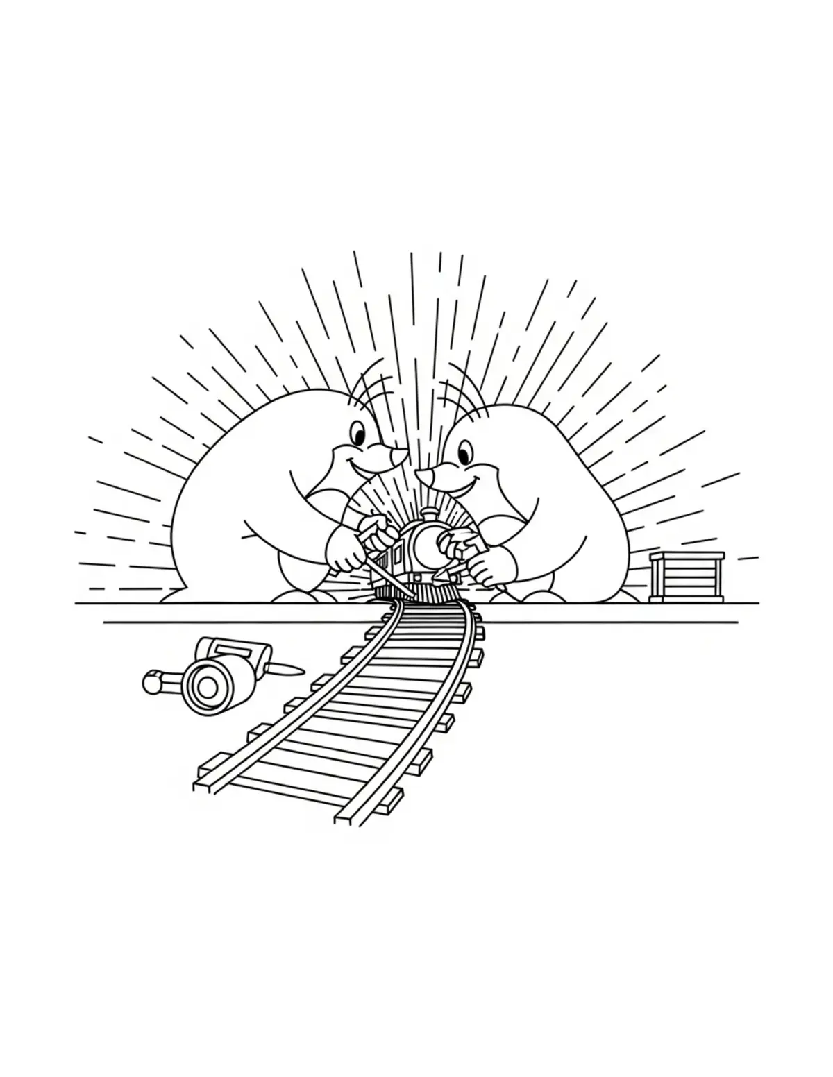 Mole Repairing Tiny Train Trac Coloring Page - free printable JPG featuring adorable woodland animals