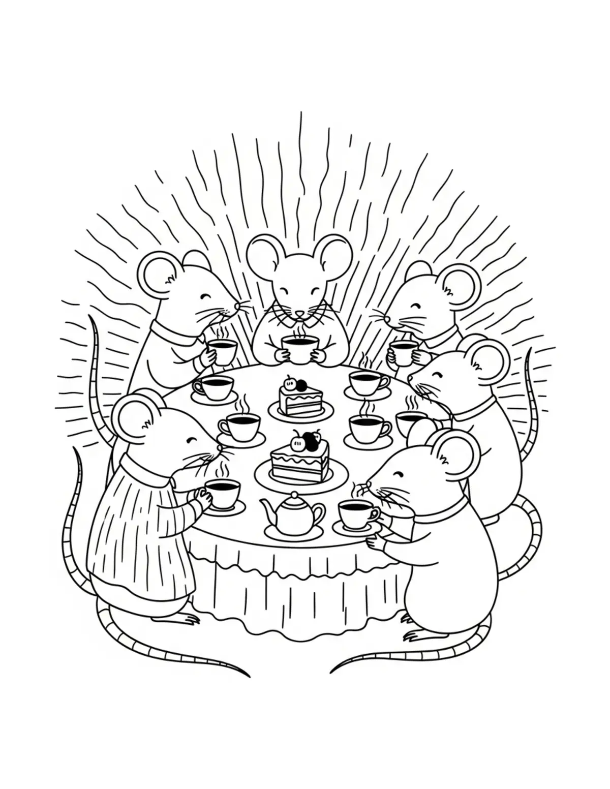 Mouse Enjoying Tea And Cake Wi Coloring Page - free printable JPG featuring adorable mouse bakery scenes