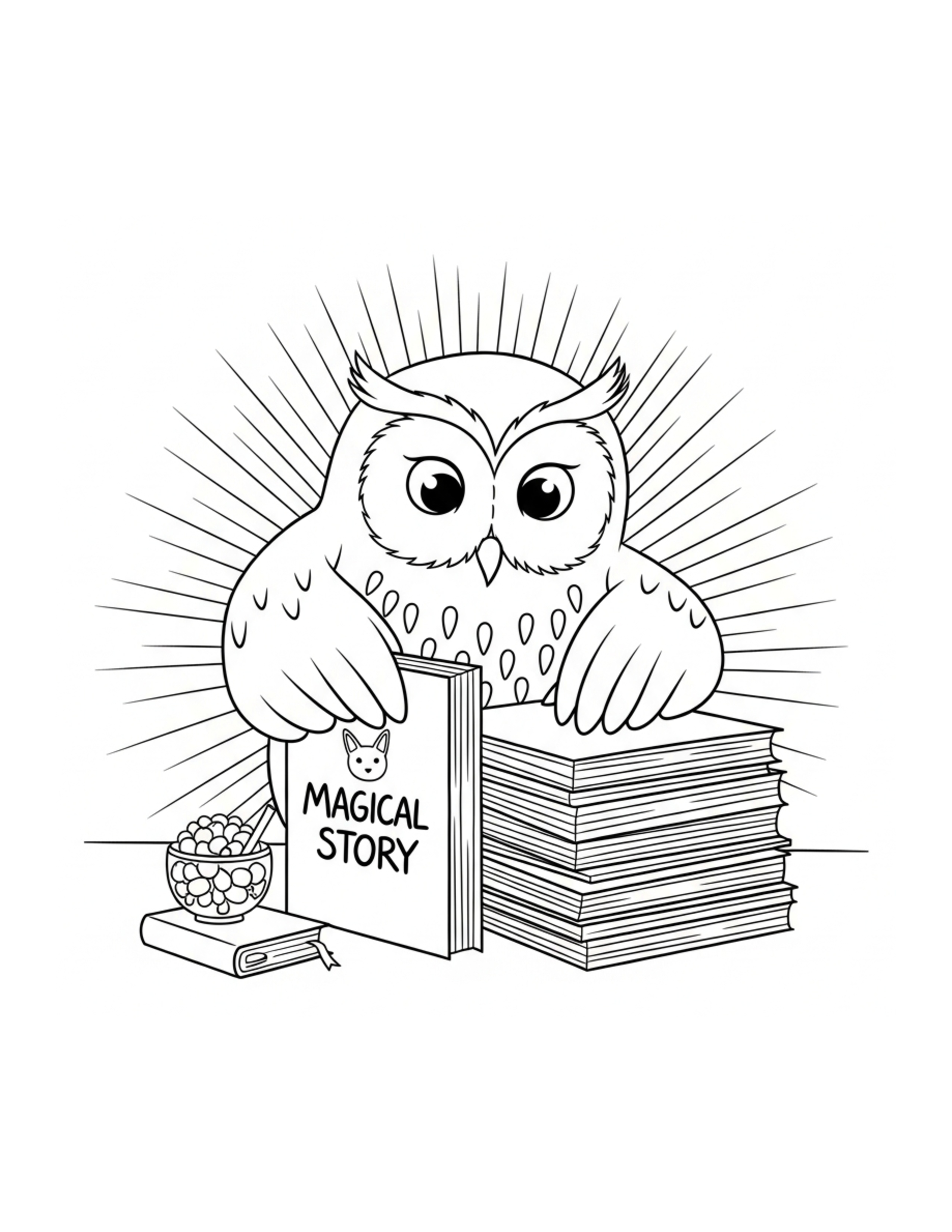 Owl Organizing A Magical Story Coloring Page - free printable JPG featuring adorable owl