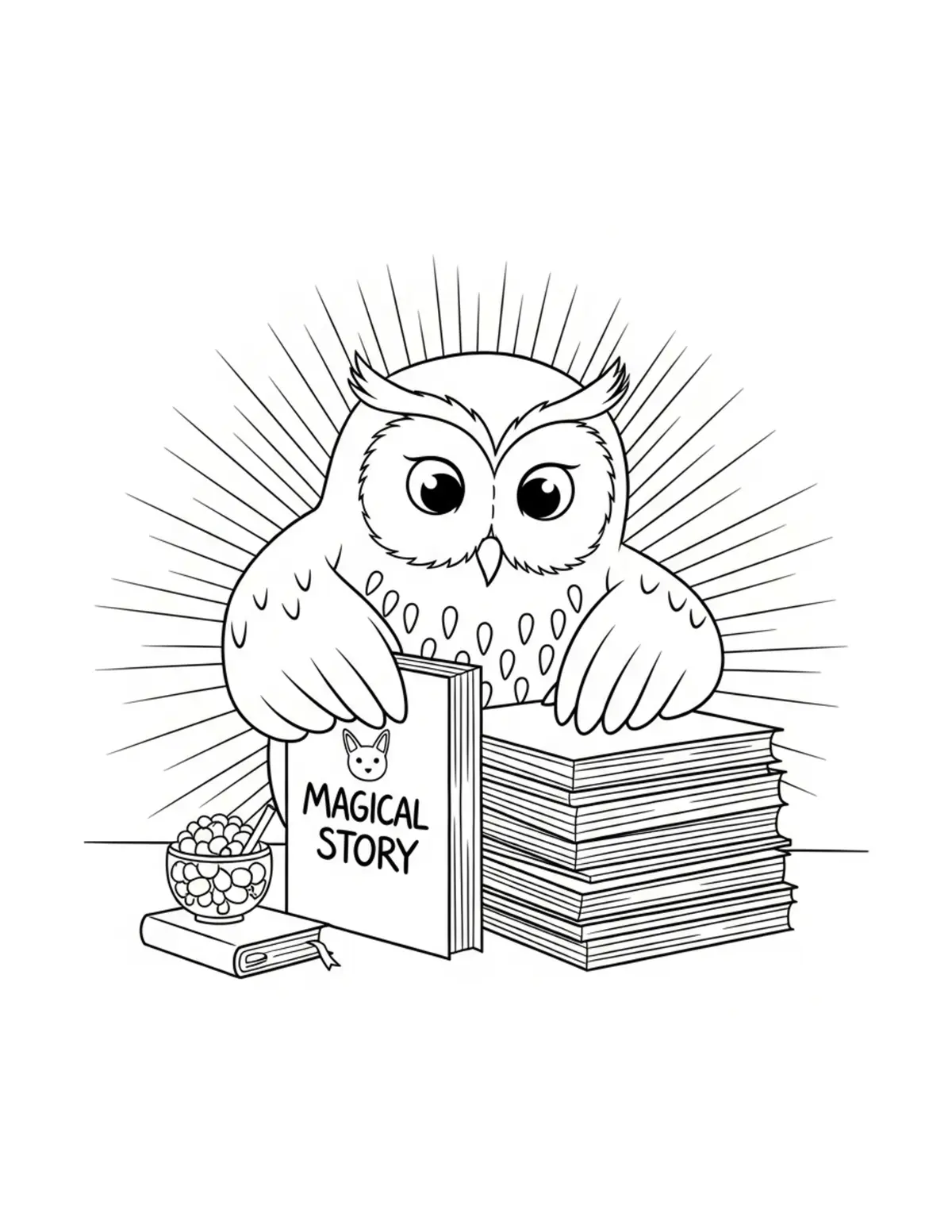 Owl Organizing A Magical Story Coloring Page - free printable JPG featuring adorable owl