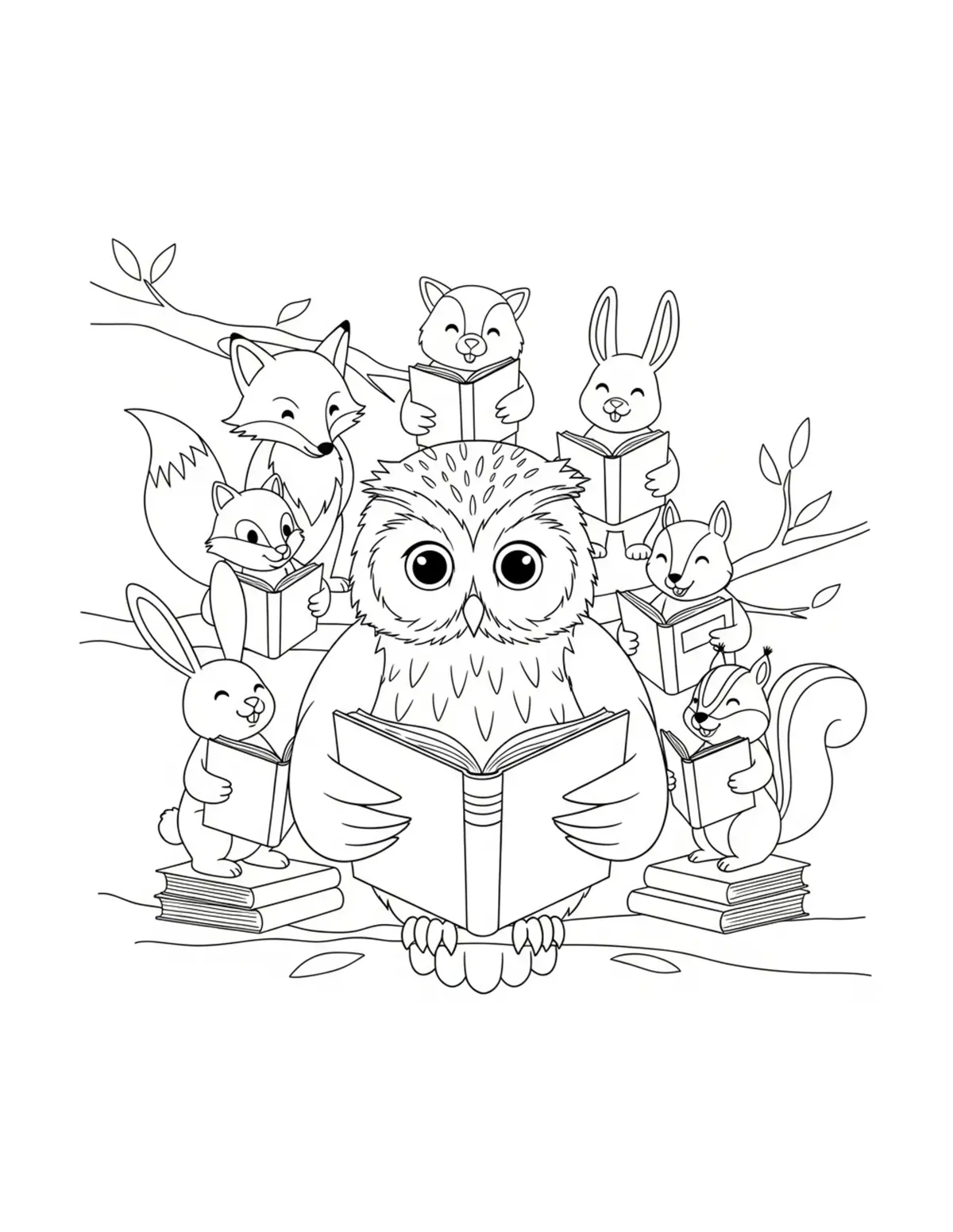 Owl Sharing Books With Friends Coloring Page - free printable JPG featuring adorable owl reading scenes
