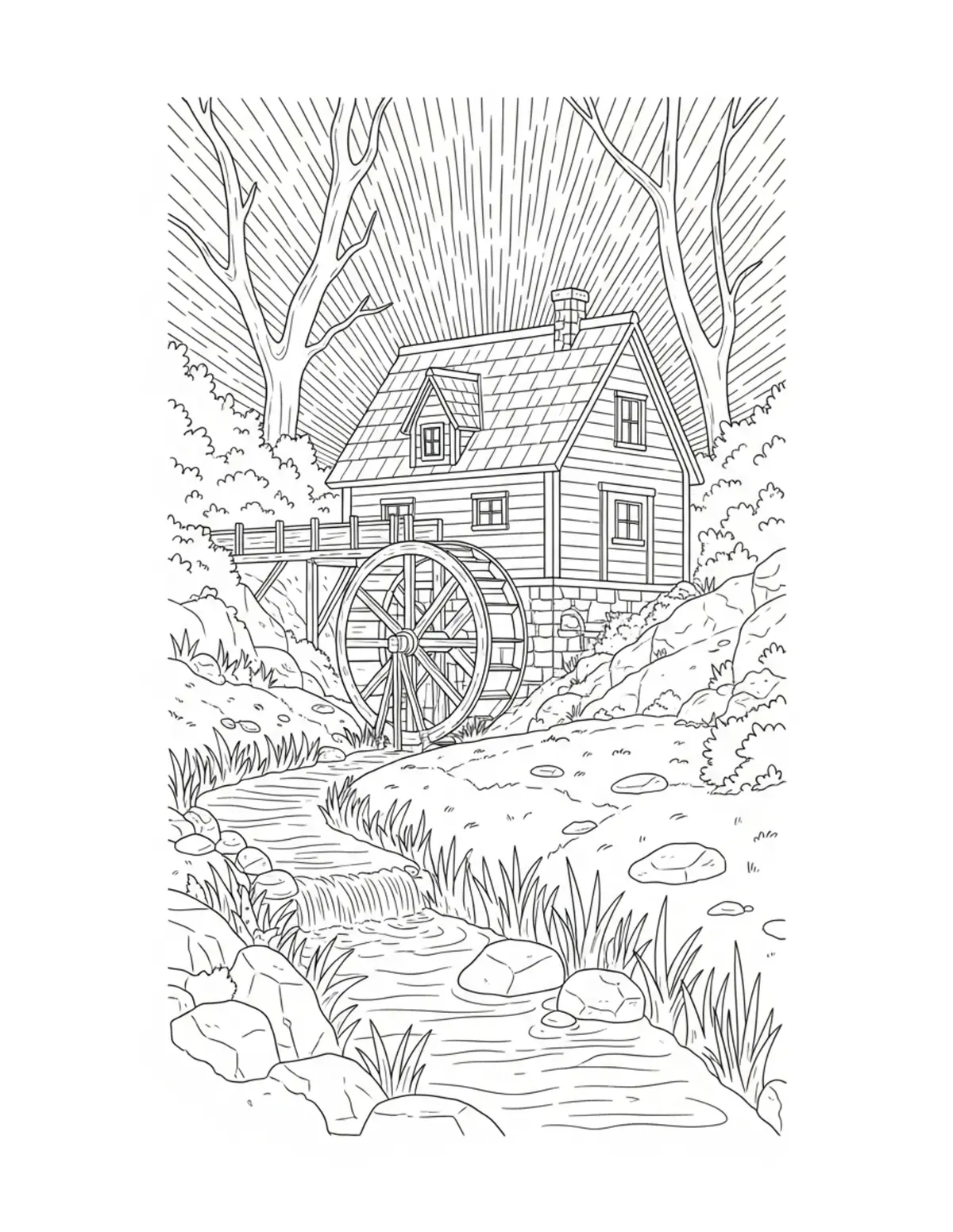 Free printable coloring page: secret-forest-watermill-path coloring page. Cute and cozy design for kids and adults to download and print.
