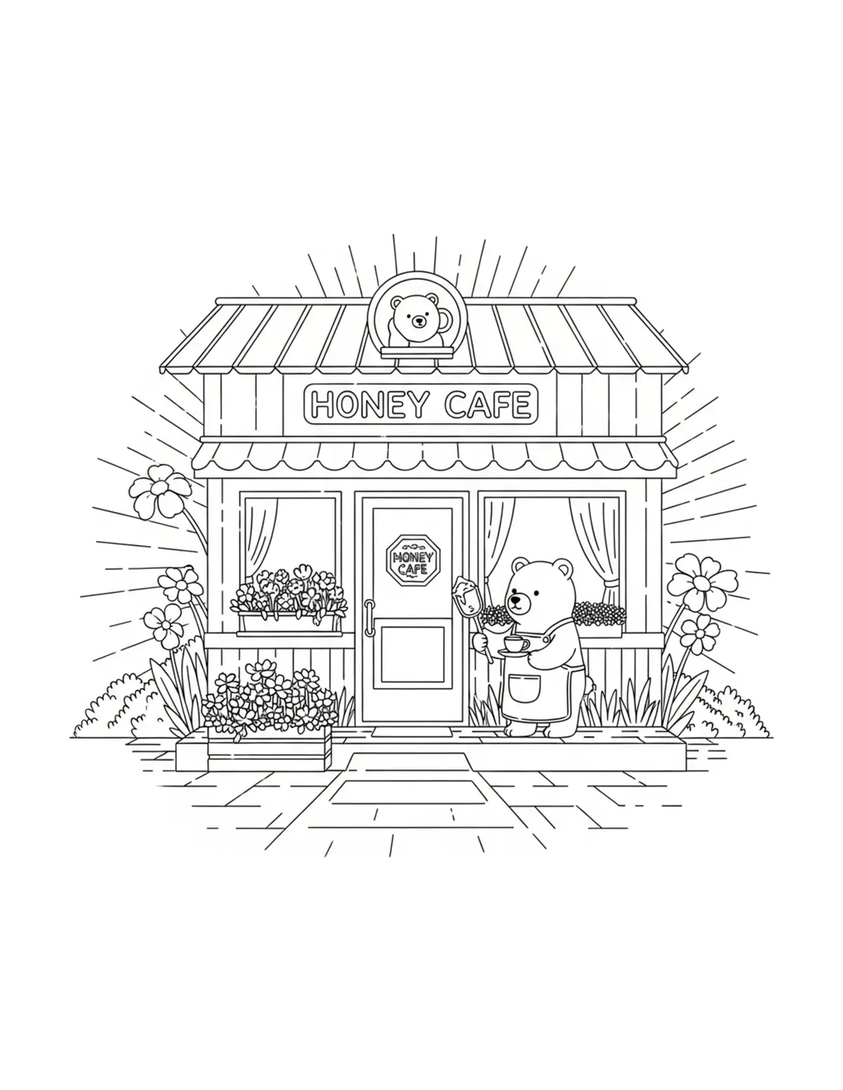 Free printable coloring page: tiny-bear-managing-a-honey-caf coloring page. Cute and cozy design for kids and adults to download and print.