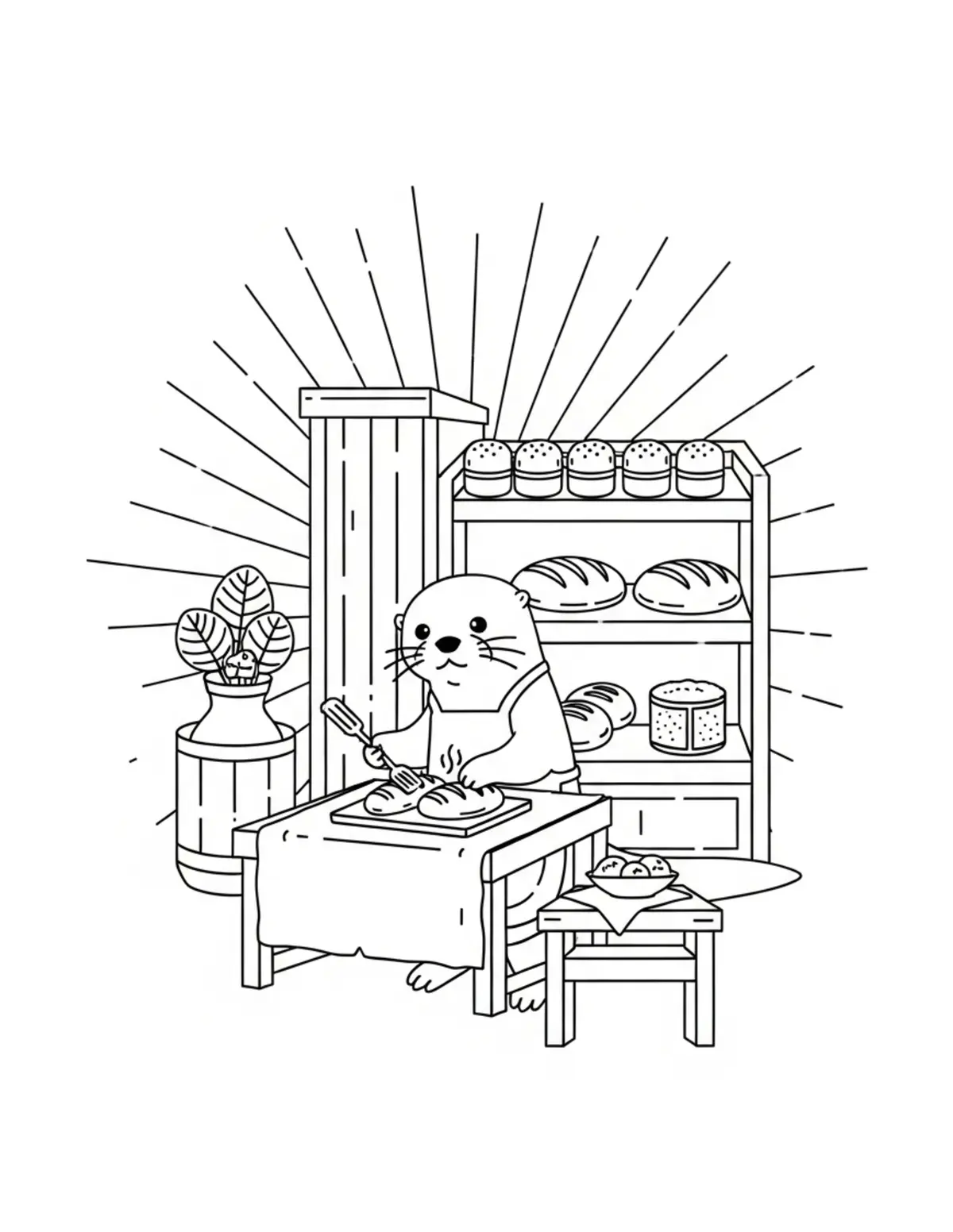 Free printable coloring page: tiny-otter-baking-bread-in-a-r coloring page. Cute and cozy design for kids and adults to download and print.