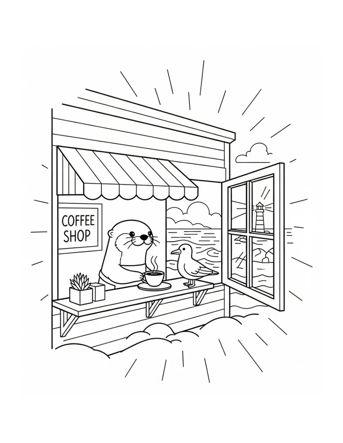 Free printable coloring page: tiny-otter-running-a-seaside-c coloring page. Cute and cozy design for kids and adults to download and print.