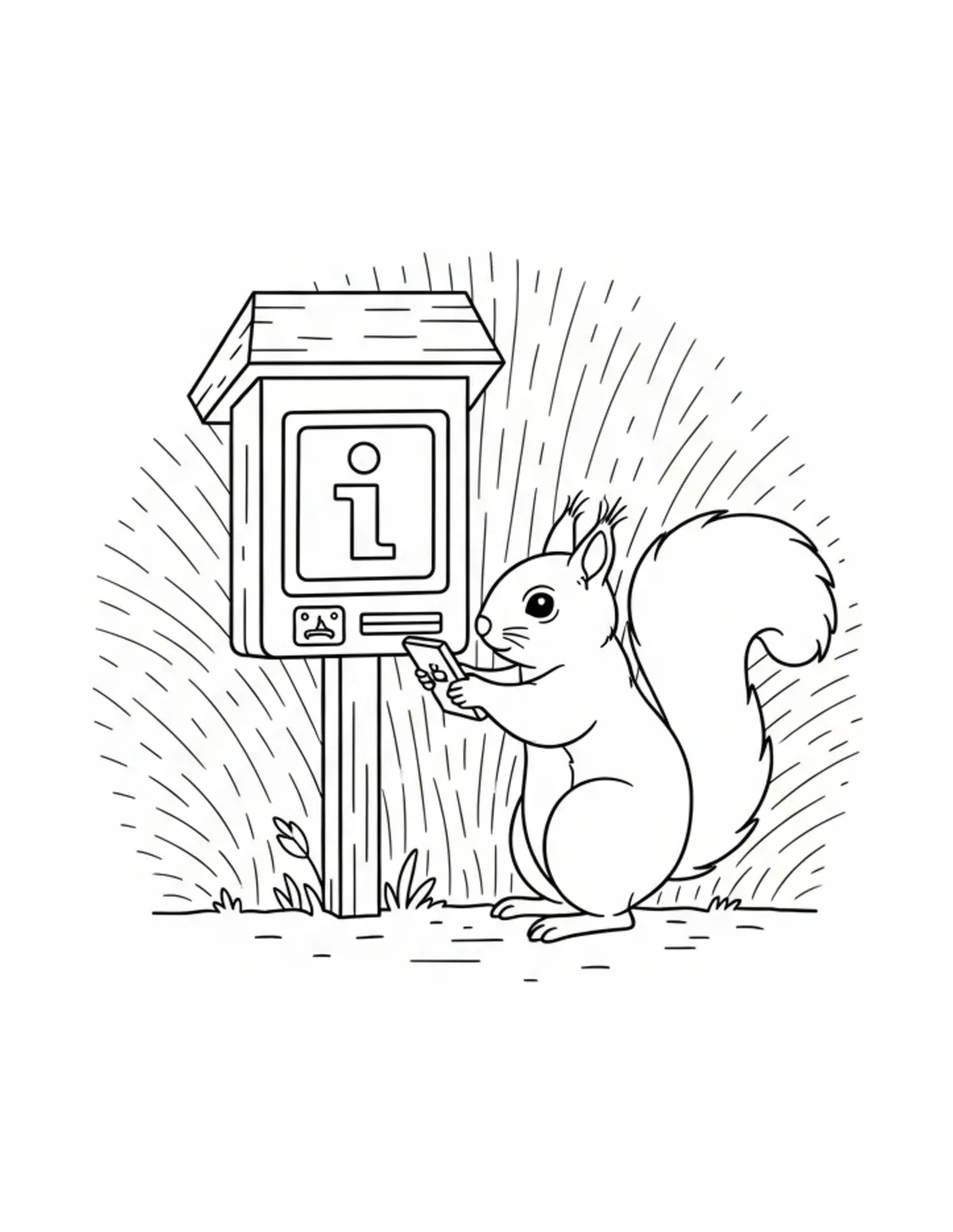 Tiny Squirrel Managing a Forest Library coloring page - free printable JPG featuring adorable woodland animals