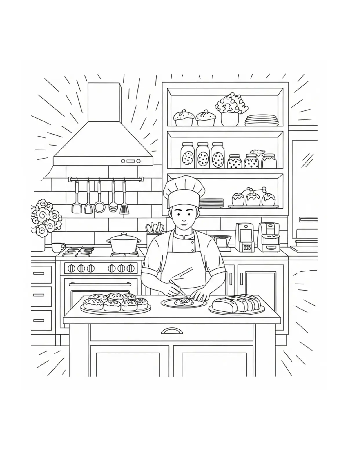 Free printable coloring page: bakery-kitchen coloring page. Cute and cozy design for kids and adults to download and print.
