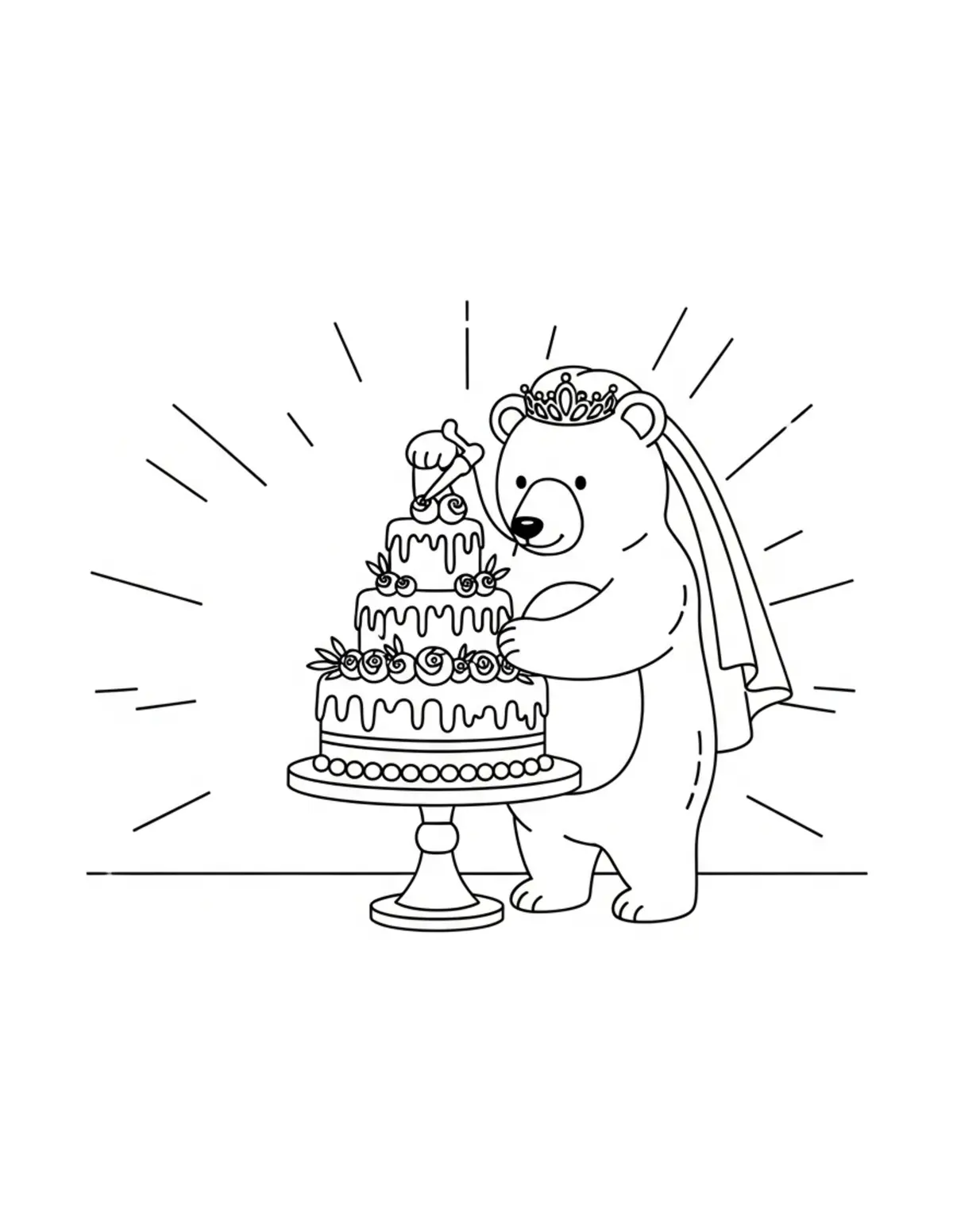 Free printable coloring page: bear-decorating-wedding-cake coloring page. Cute and cozy design for kids and adults to download and print.