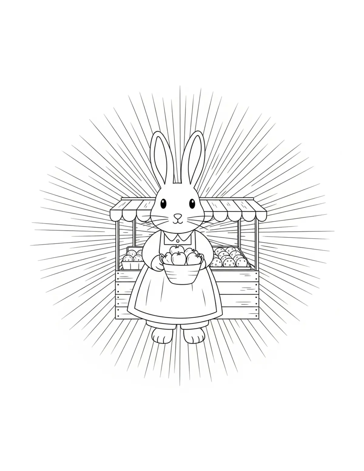 Free printable coloring page: bunny countryside market coloring page. Cute and cozy design for kids and adults to download and print.