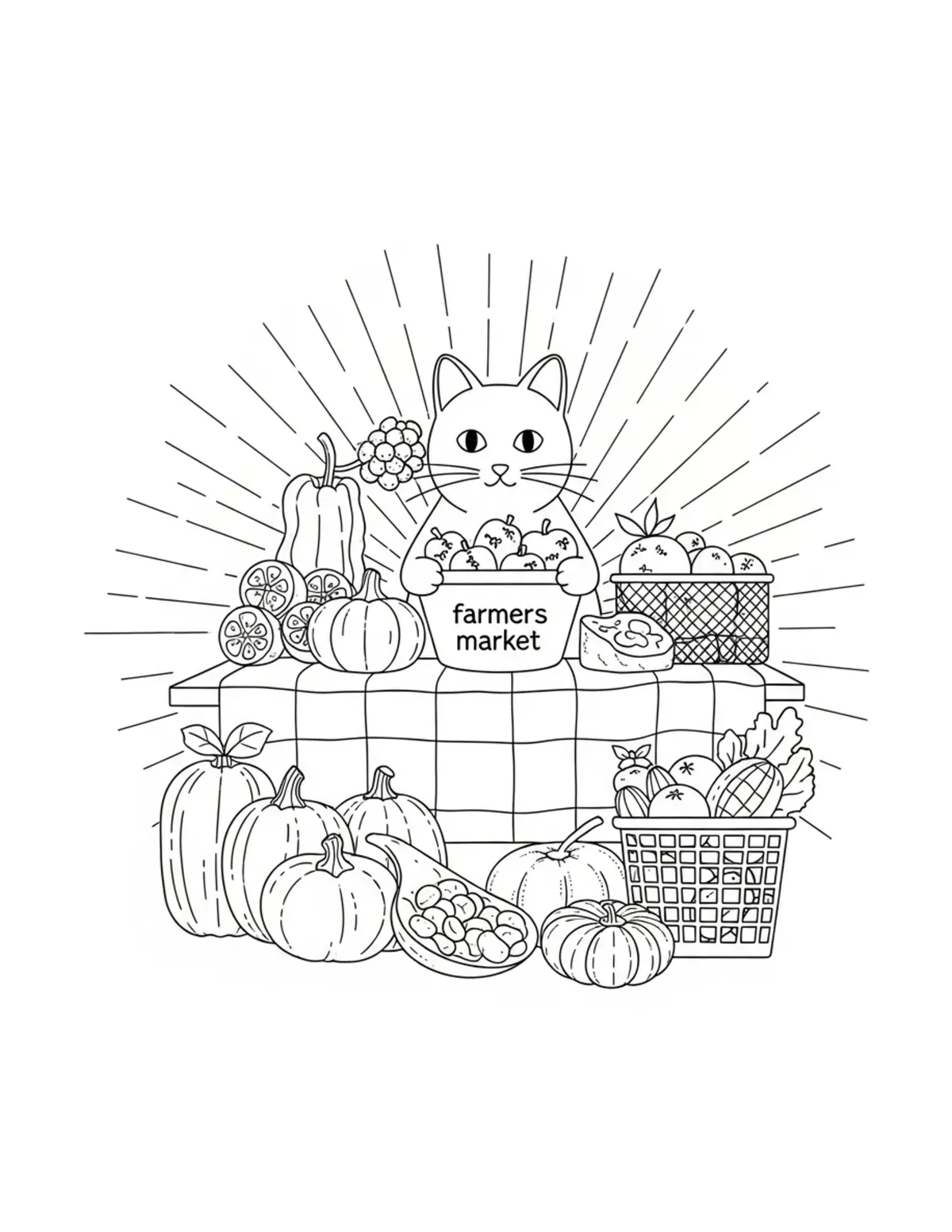 Cat Farmers Market — free printable cozy coloring coloring page for kids and adults