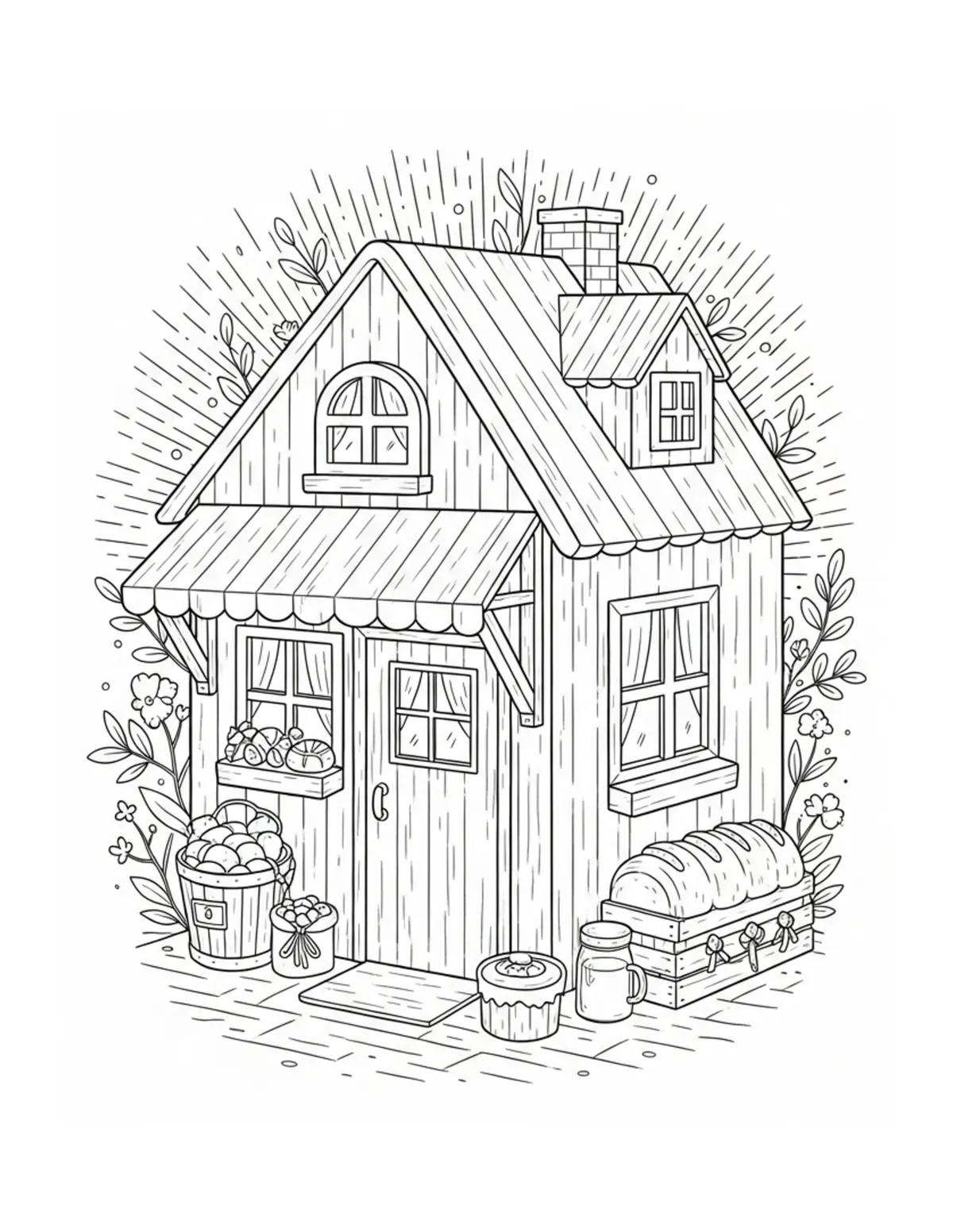 Free printable coloring page: countryside bakery coloring page. Cute and cozy design for kids and adults to download and print.