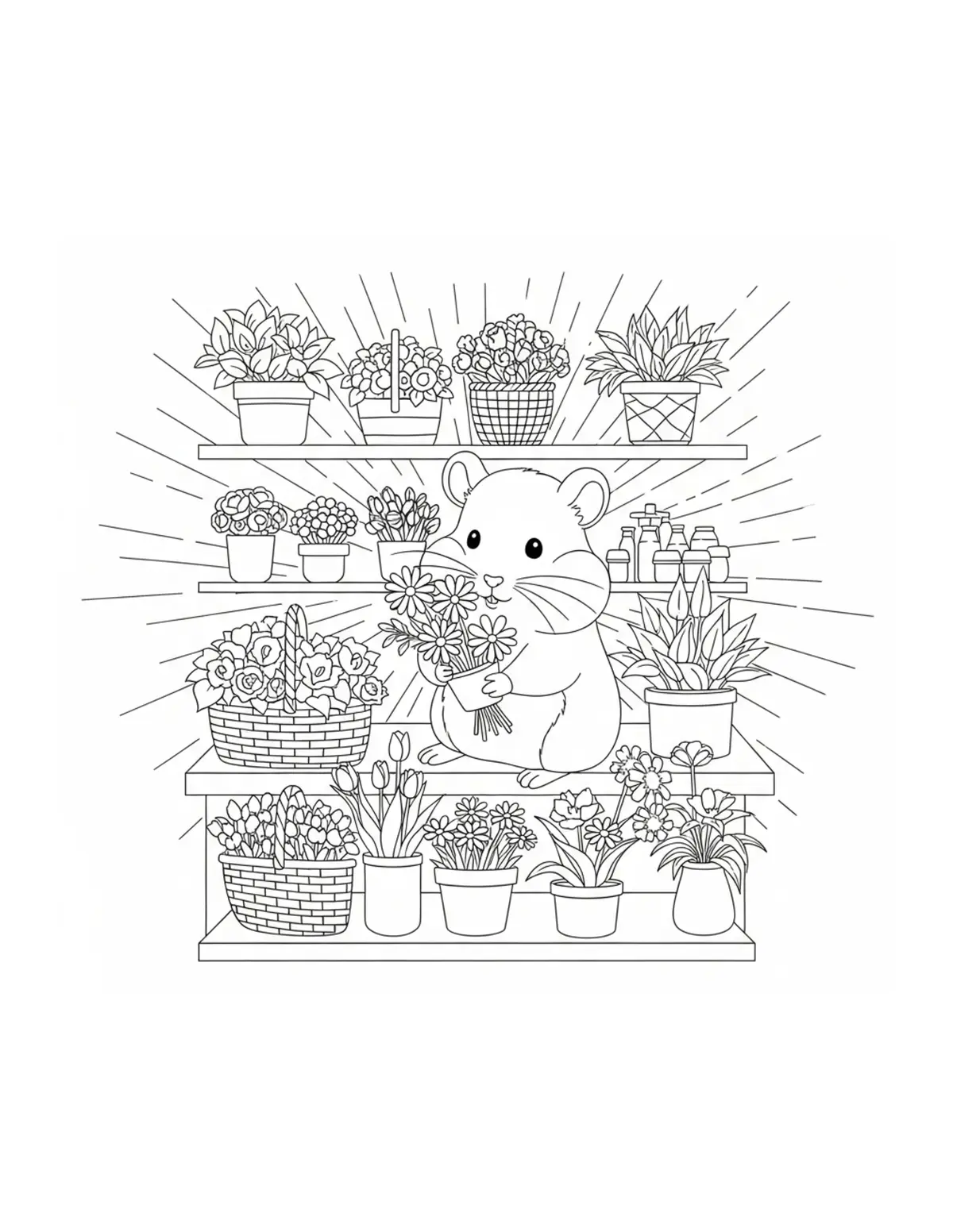 Free printable coloring page: cute hamster arranging flowers coloring page. Cute and cozy animal design for kids and adults to download and print.
