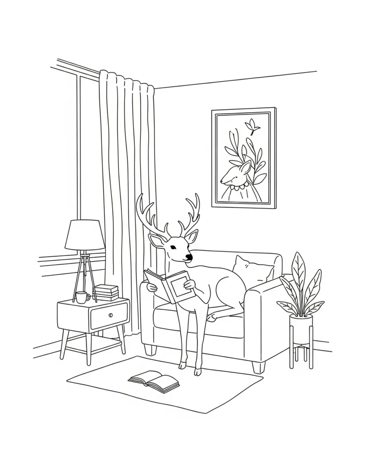 Free printable coloring page: deer reading corner coloring page. Cute and cozy deer cottage design for kids and adults to download and print.